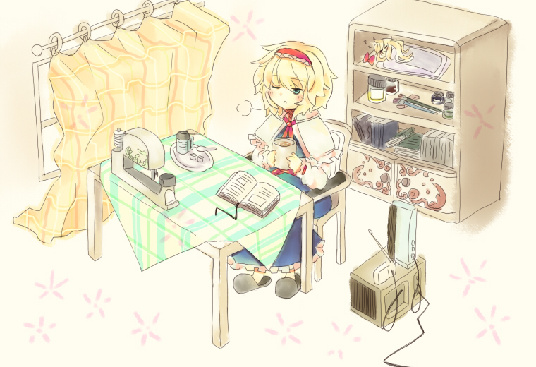 yuki sasame, alice margatroid, shanghai doll, touhou, 2girls, blonde hair, book, cup, curtains, female focus, game console, hairband, indoors, lying, mug, multiple girls, one eye closed, playstation 3, sewing machine, shelf, sigh, sitting, sleeping, sleepy, slippers, solo, table, television, wink
