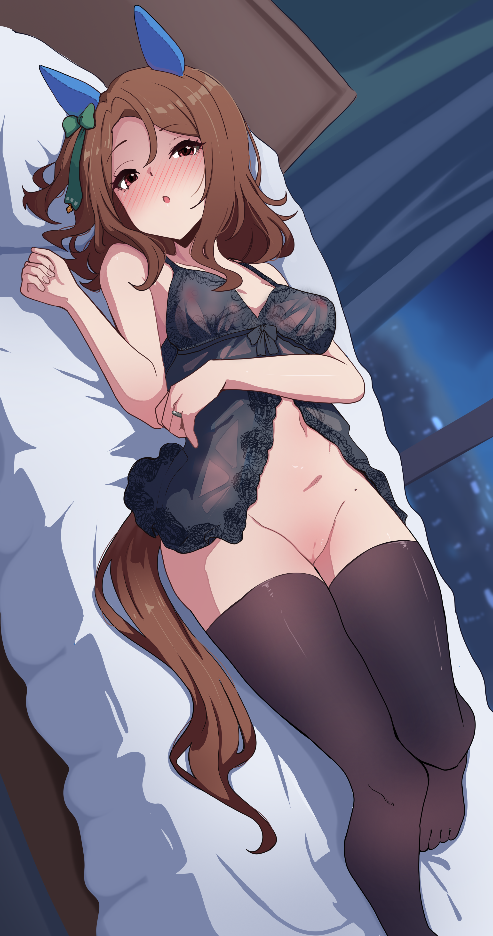 geerux, king halo (umamusume), umamusume, absurdres, commission, highres, second-party source, 1girl, animal ears, babydoll, black babydoll, black thighhighs, blush, bottomless, breasts, brown hair, ear covers, horse ears, horse tail, indoors, jewelry, long hair, lying, medium breasts, nipples, no shoes, on back, on bed, pussy, red eyes, ring, see-through clothes, solo, tail, thighhighs
