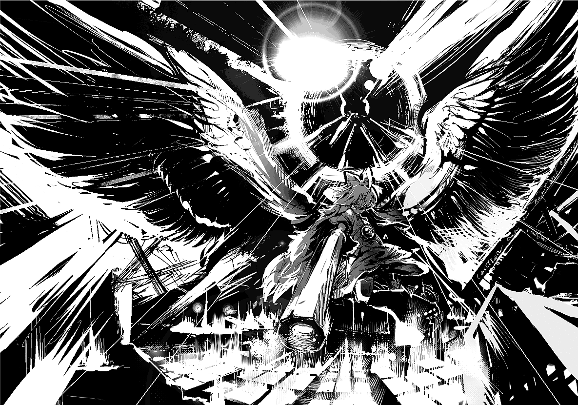 cis (carcharias), reiuji utsuho, touhou, bad id, bad pixiv id, 1girl, female focus, greyscale, monochrome, oekaki, solo