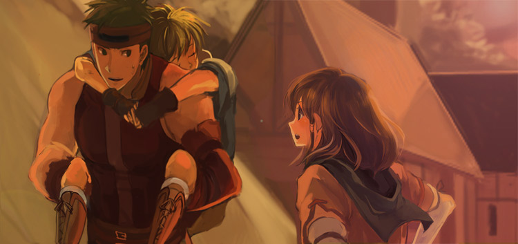 hanakago, boyd (fire emblem), mist (fire emblem), mist (path of radiance) (fire emblem), rolf (fire emblem), fire emblem, fire emblem: path of radiance, nintendo, 1girl, 2boys, angry, brown hair, carrying, gloves, green eyes, green hair, headband, multiple boys, short hair, sleeping