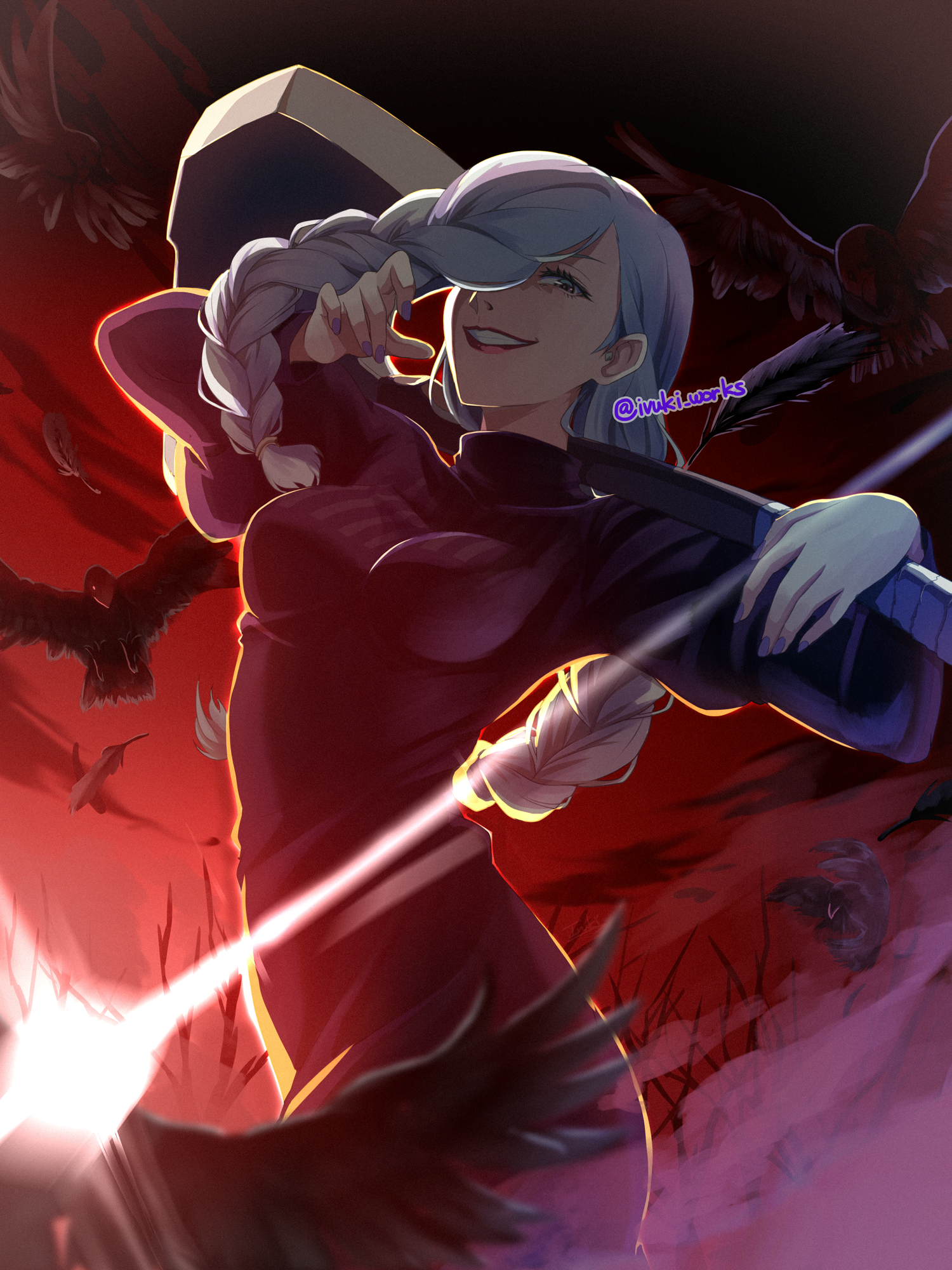 ivuki, mei mei (jujutsu kaisen), jujutsu kaisen, highres, 1girl, axe, bird, black dress, black feathers, braid, braided bangs, braided ponytail, breasts, crow, dress, feathers, hair over face, hair over one eye, long hair, long sleeves, looking at viewer, one eye covered, puffy sleeves, red lips, smile, tight clothes, tight dress, turtleneck, turtleneck dress, white hair