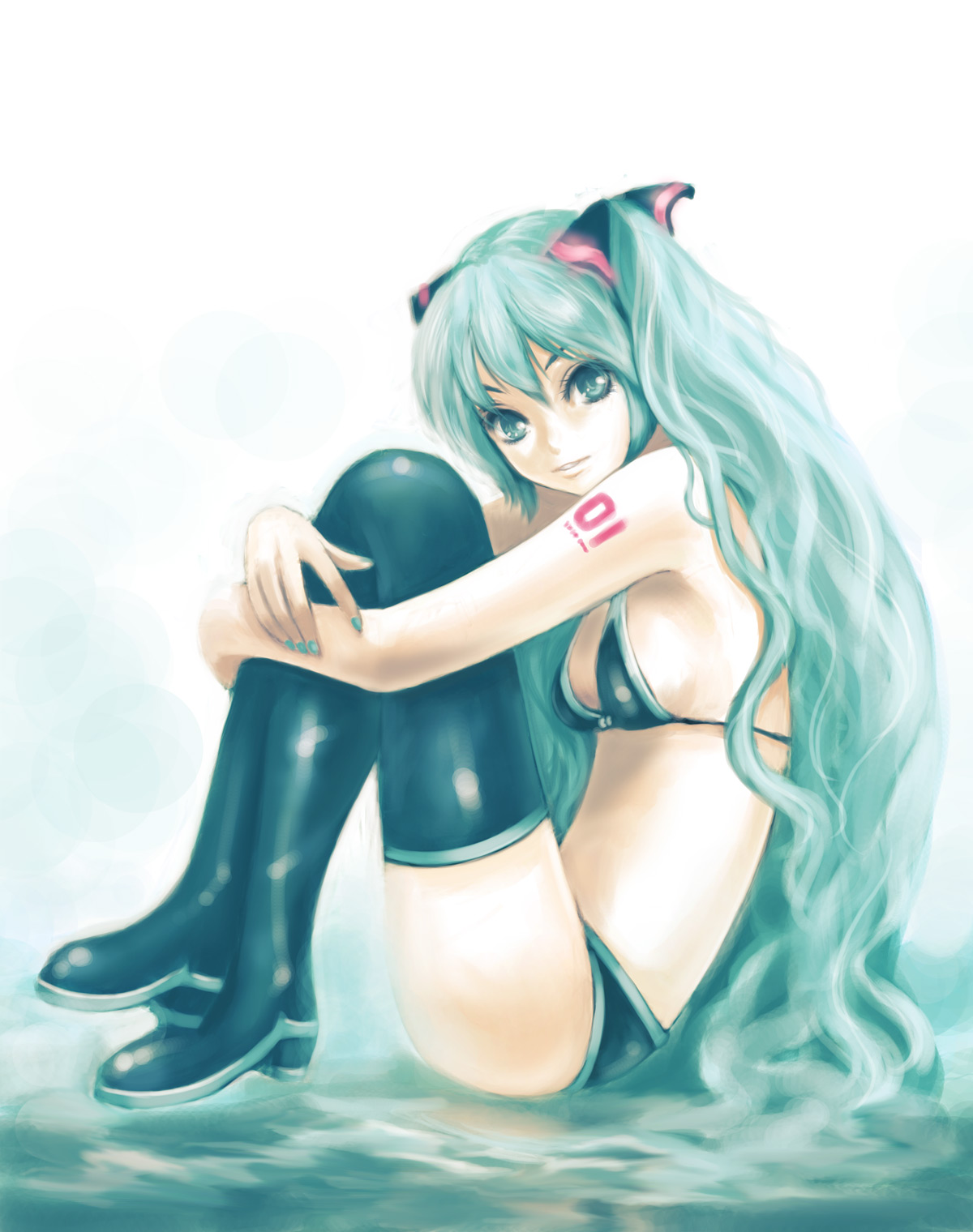 fujipo, hatsune miku, vocaloid, bad id, bad pixiv id, highres, 1girl, aqua eyes, aqua hair, aqua nails, bikini, bikini top only, female focus, long hair, nail polish, solo, swimsuit, thighhighs, very long hair