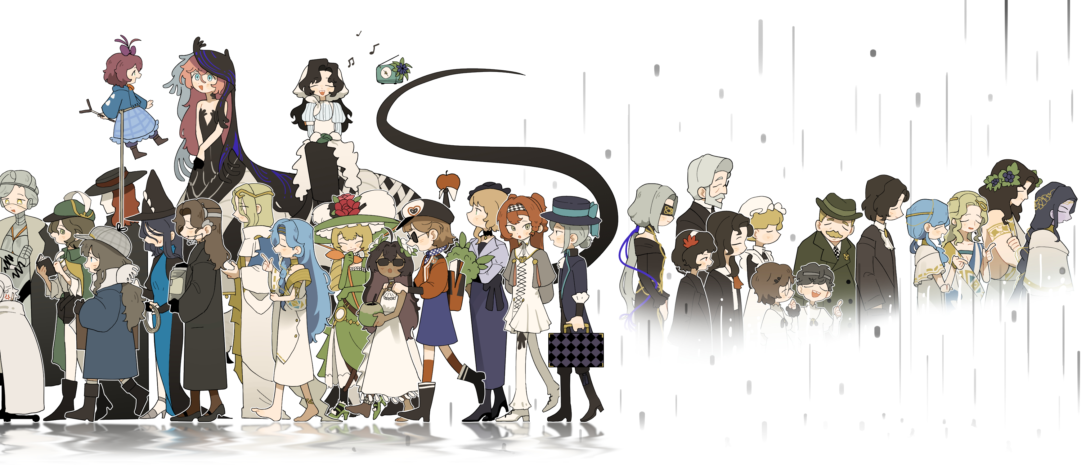 daku k, 210 (reverse:1999), 37 (reverse:1999), 6 (reverse:1999), 77 (reverse:1999), 888 (reverse:1999), aleph (reverse:1999), anjo nala, apple (reverse:1999), druvis iii, fatutu, flutterpage, greta hofmann, isabella (reverse:1999), karl (reverse:1999), lucy (reverse:1999), marcus (reverse:1999), marian (reverse:1999), medicine pocket, merlin (reverse:1999), nautika (reverse:1999), recoleta (reverse:1999), regulus (reverse:1999), schneider (reverse:1999), sonetto (reverse:1999), sotheby, the ring (reverse:1999), urd (reverse:1999), vertin (reverse:1999), willow (reverse:1999), reverse:1999, absurdres, highres, 1other, 5boys, 6+girls, alma (reverse:1999), apple, beamed eighth notes, centauroid, chimera, eighth note, floating, food, from side, fruit, horseback riding, monster girl, mr. karson, ms. radio, multiple boys, multiple girls, music, musical note, old, old man, open mouth, profile, radio, rain, riding, robot girl, sidesaddle, singing, talking, taur, walking, white background