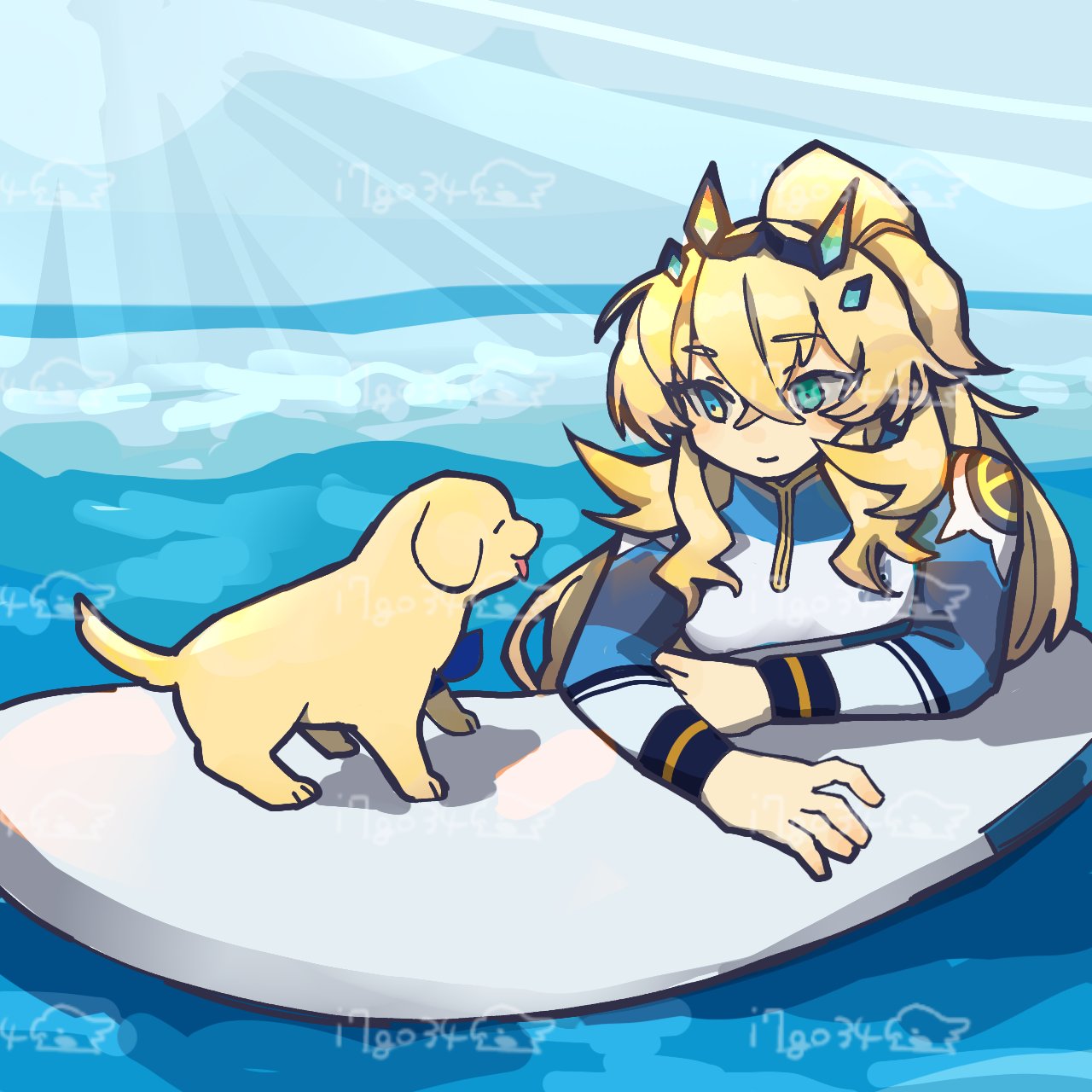 i7go34, barghest (fate), barghest (over the same sky) (fate), fate/grand order, fate (series), commentary, highres, 1girl, animal, artist name, blonde hair, blue eyes, blue sky, blue wetsuit, dog, hair between eyes, hair ornament, ice, long hair, long sleeves, looking at another, official alternate costume, ponytail, sky, smile, sunlight, swimming, water