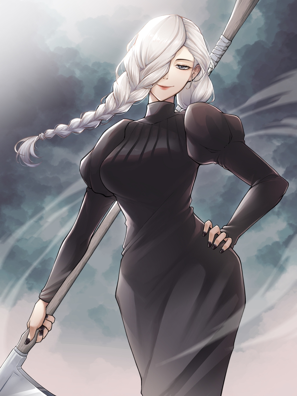 unyun, mei mei (jujutsu kaisen), jujutsu kaisen, highres, 1girl, axe, black dress, black nails, braid, braided bangs, braided ponytail, breasts, dress, hair over face, holding, holding axe, long hair, long sleeves, looking at viewer, one eye covered, puffy sleeves, red lips, smile, solo, tight clothes, tight dress, turtleneck, turtleneck dress, white hair
