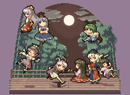 oobako, fujiwara no mokou, houraisan kaguya, inaba tewi, kamishirasawa keine, mystia lorelei, reisen udongein inaba, wriggle nightbug, yagokoro eirin, imperishable night, touhou, lowres, 6+girls, chibi, everyone, female focus, multiple girls, pixel art, trap door