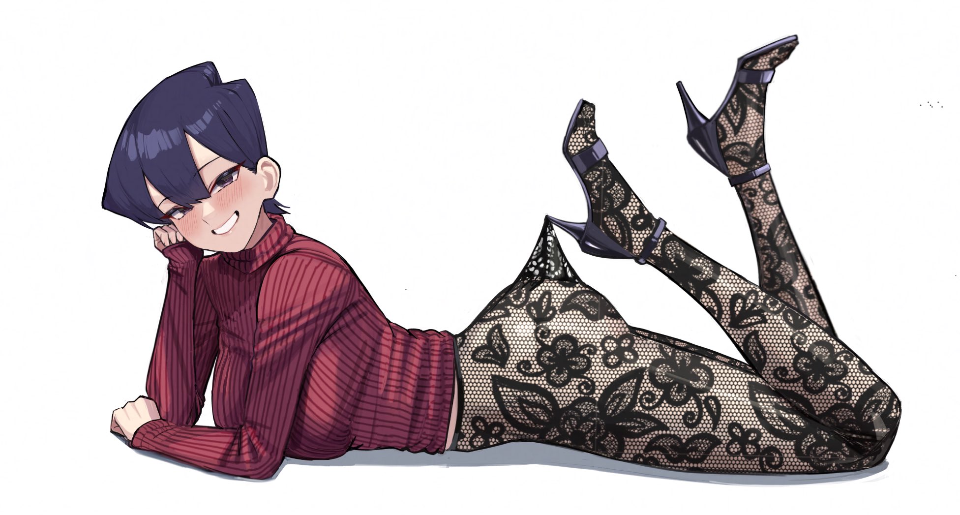 ayatak0517, komi shuuko, komi-san wa komyushou desu, highres, 1girl, arm support, ass, black pantyhose, blush, breast press, breasts, floral print, from side, full body, grin, hair between eyes, heart, heart-shaped pupils, high heels, lace pantyhose hooked on heel (meme), large breasts, long sleeves, looking at viewer, lying, mature female, meme, on stomach, pantyhose, purple hair, red sweater, short hair, simple background, smile, solo, sweater, symbol-shaped pupils, turtleneck, turtleneck sweater, white background