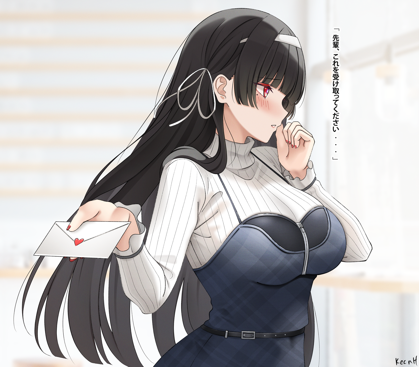 keenh, chisa (wuthering waves), wuthering waves, commentary, english commentary, highres, 1girl, alternate costume, artist name, black dress, black hair, blush, breasts, dress, embarrassed, envelope, fingernails, hair ribbon, hairband, hand up, holding, holding envelope, indoors, large breasts, letter, long hair, looking to the side, love letter, mole, mole under eye, nail polish, parted lips, red nails, ribbon, shirt, solo, turtleneck, turtleneck shirt, white hairband, white ribbon, white shirt