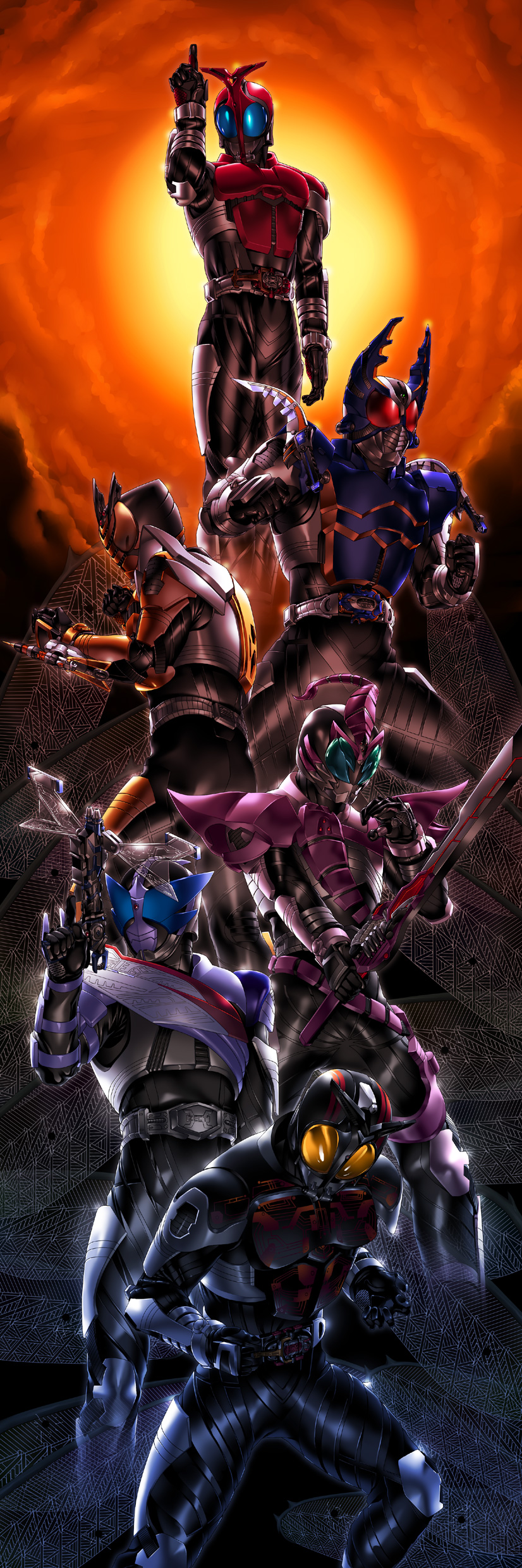 suzume inui, kamen rider dark kabuto, kamen rider drake, kamen rider gatack, kamen rider kabuto, kamen rider sasword, kamen rider thebee, kamen rider, kamen rider kabuto (series), absurdres, highres, long image, tall image, 6+boys, belt, everyone, gun, male focus, multiple boys, sword, weapon