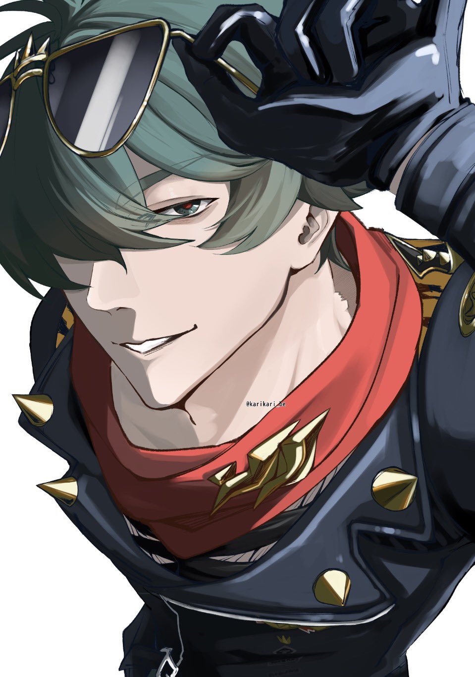 lighter (zenless zone zero), zenless zone zero, commentary request, highres, 1boy, adjusting eyewear, arm up, black gloves, black jacket, black shirt, eyewear on head, gloves, green eyes, green hair, hair over one eye, jacket, karikari be, leather, leather jacket, looking at viewer, male focus, parted lips, red pupils, red scarf, scarf, shirt, short hair, shoulder spikes, simple background, solo, spiked jacket, spikes, studded gloves, sunglasses, torn clothes, torn shirt, twitter username, upper body, white background