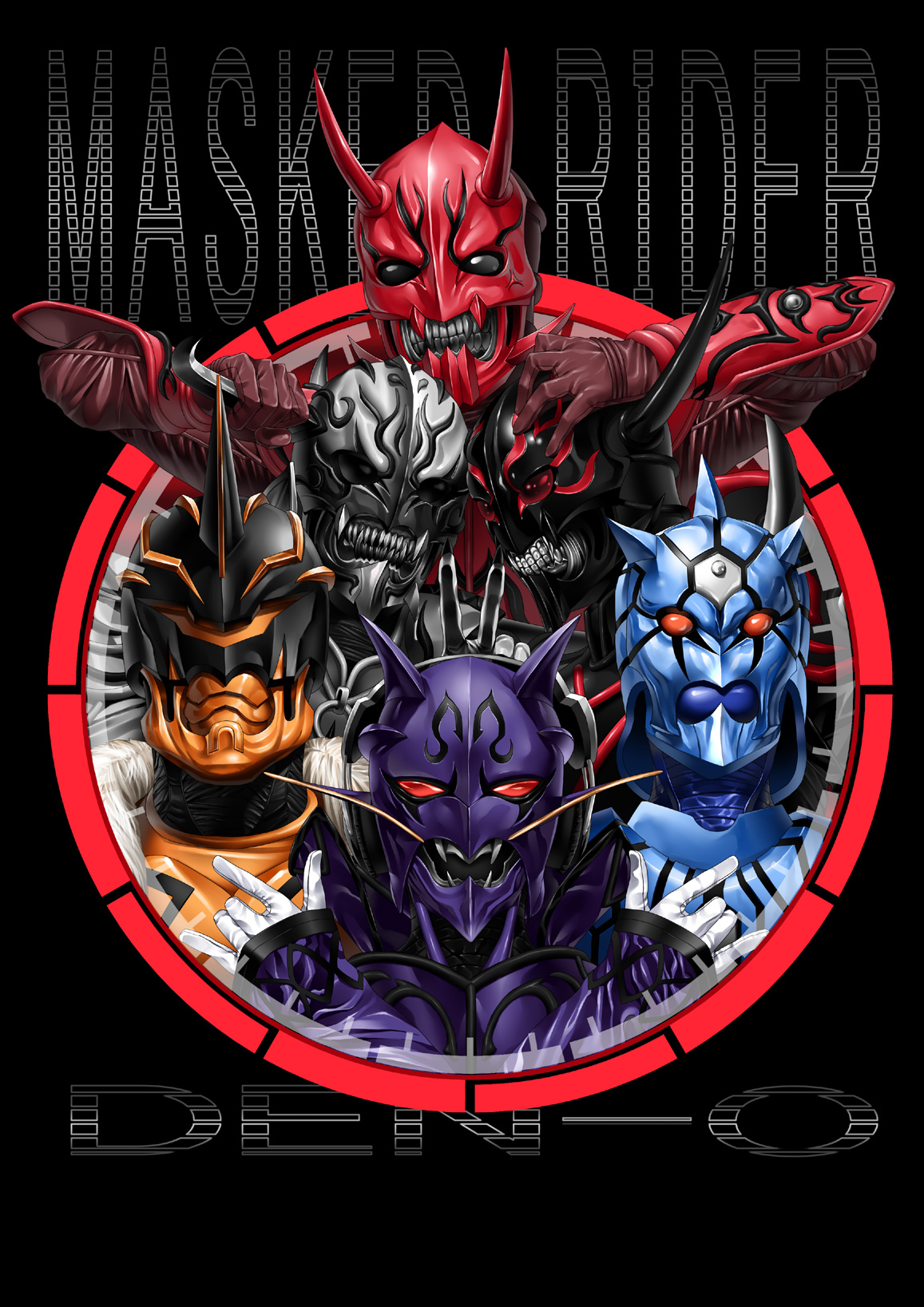 suzume inui, kintaros, kintarosu, momotaros, momotarosu, negataros, ryutaros, ryutarosu, urataros, uratarosu, kamen rider, kamen rider den-o (series), highres, anger vein, angry, arm guards, armor, black background, black eyes, clenched teeth, gloves, hand on another's head, horns, looking at viewer, negatarosu, no humans, orange eyes, parody, red eyes, red gloves, simple background, teeth, upper body, white gloves, x arms