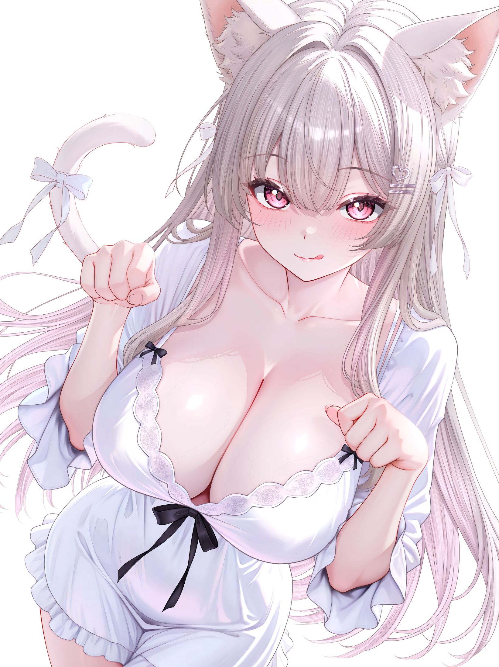 studiopokotan, uise iu, indie virtual youtuber, character request, check character, commentary request, highres, 1girl, :q, animal ear fluff, animal ears, blush, breasts, cat ears, cat girl, cat tail, cleavage, closed mouth, collarbone, dress, hands up, large breasts, long hair, long sleeves, looking at viewer, mole, mole under eye, pink eyes, pink hair, smile, solo, tail, tongue, tongue out, virtual youtuber, white dress, white hair