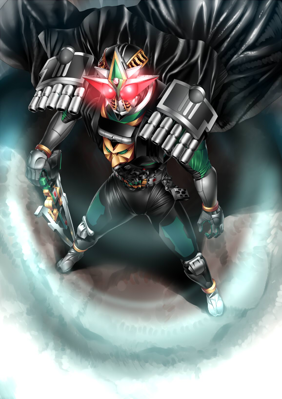 suzume inui, kamen rider zeronos, kamen rider, kamen rider den-o (series), 1boy, belt, cape, foreshortening, male focus, solo, sword, weapon