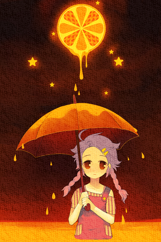 gimei, original, brown eyes, food, fruit, gradient eyes, gradient hair, hair ornament, hairclip, juice, multicolored eyes, multicolored hair, orange (fruit), orange theme, orange umbrella, overalls, purple hair, solo, star (symbol), surreal, umbrella
