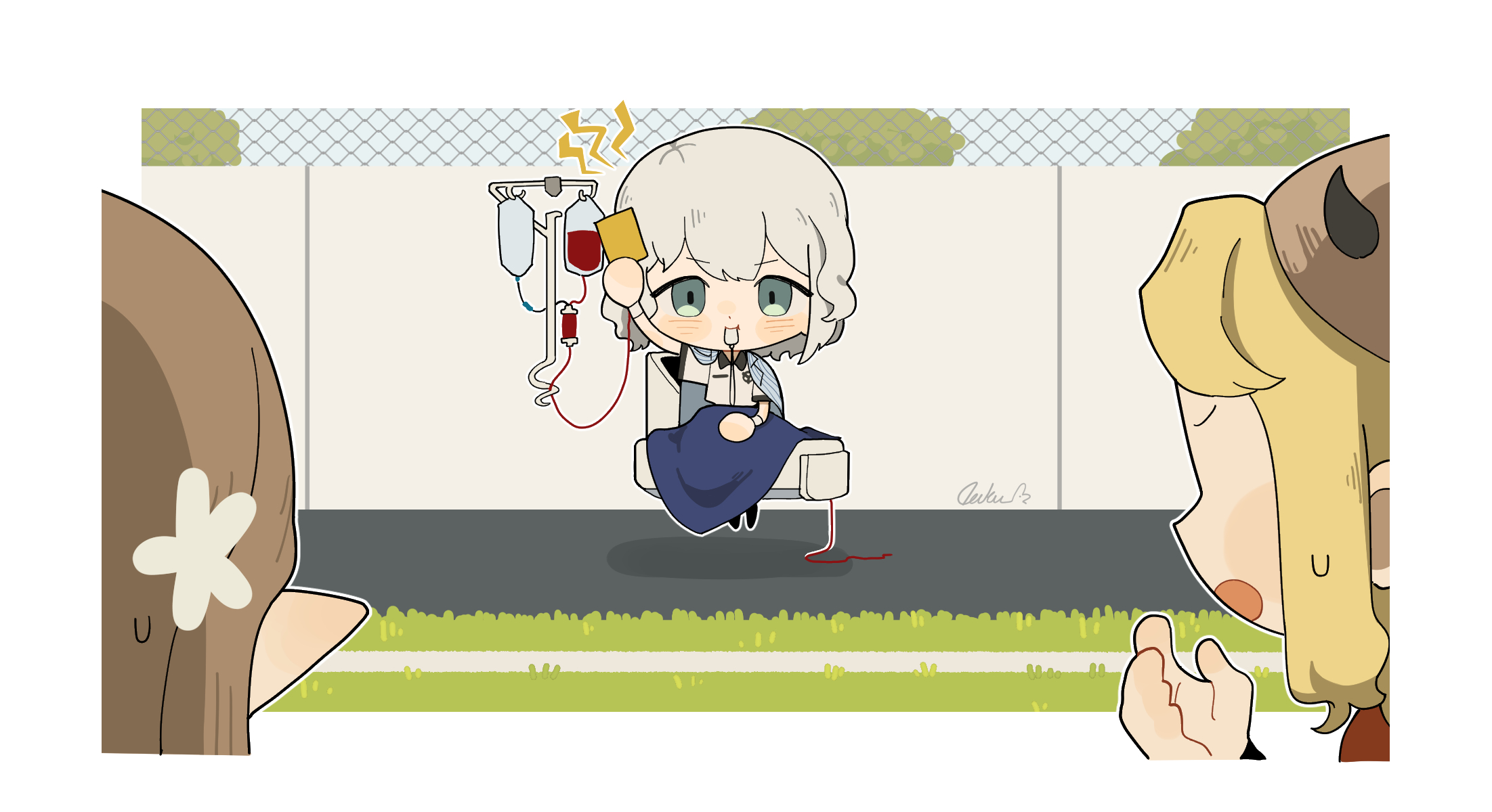 daku k, cristallo, erick (reverse:1999), la source (reverse:1999), reverse:1999, highres, 3girls, arm up, blanket, blonde hair, blowing whistle, blue sky, border, brown hair, chain-link fence, chibi, elf, fake horns, fence, grass, green eyes, hand up, holding, holding whistle, horned headwear, horns, intravenous drip, iv stand, looking at viewer, mouth hold, multiple girls, open mouth, outdoors, outside border, pointy ears, shirt, short hair, short sleeves, sitting, sky, sweatdrop, whistle, white border, white hair, white shirt, yellow card