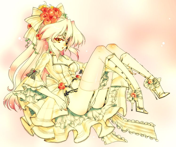 gimei, original, bow, dress, flower, frills, garter belt, gradient hair, hair flower, hair ornament, high heels, mask, multicolored hair, panties, pantyshot, ribbon, side-tie panties, solo, underwear, yellow eyes