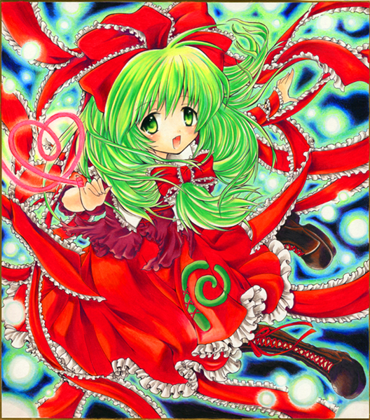 sakurai tamako, tama tamako sakurai, kagiyama hina, touhou, bad id, bad pixiv id, traditional media, 1girl, boots, female focus, front ponytail, green eyes, green hair, hair ribbon, matching hair/eyes, ribbon, shikishi, short hair, solo, string, string of fate