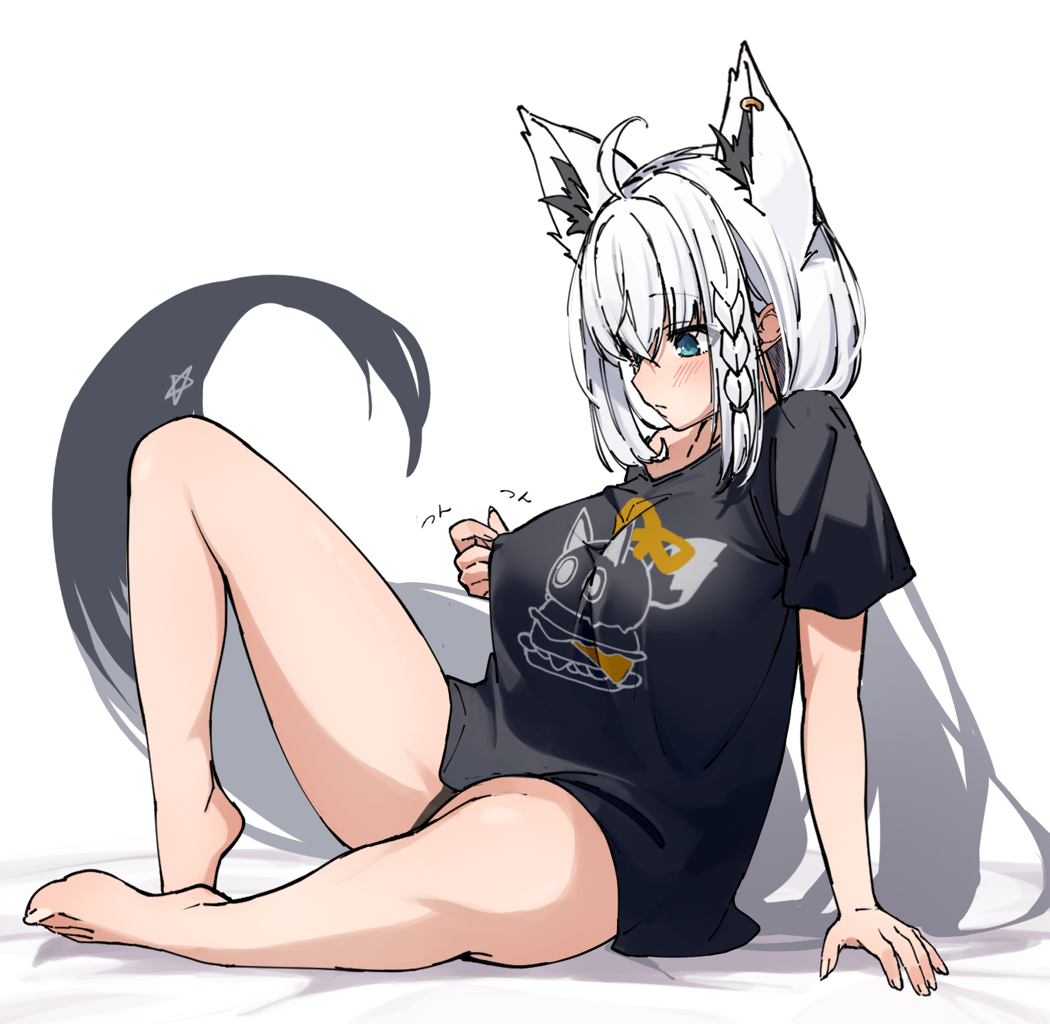 eru (l illust45), shirakami fubuki, shirakami fubuki (loungewear), hololive, highres, 1girl, ahoge, animal ears, barefoot, black shirt, blue eyes, braid, breasts, covered erect nipples, fox ears, fox tail, large breasts, long hair, nipple stimulation, nipple tweak, nipple tweak through clothes, shirt, side braid, sitting, tail, virtual youtuber, white hair