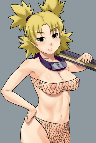 tomatto (@ma!), temari (naruto), naruto, resized, blonde hair, blush, breasts, fishnet top, fishnets, green eyes, nipples, pixiv thumbnail, pubic hair, quad tails, short hair, solo, uncensored