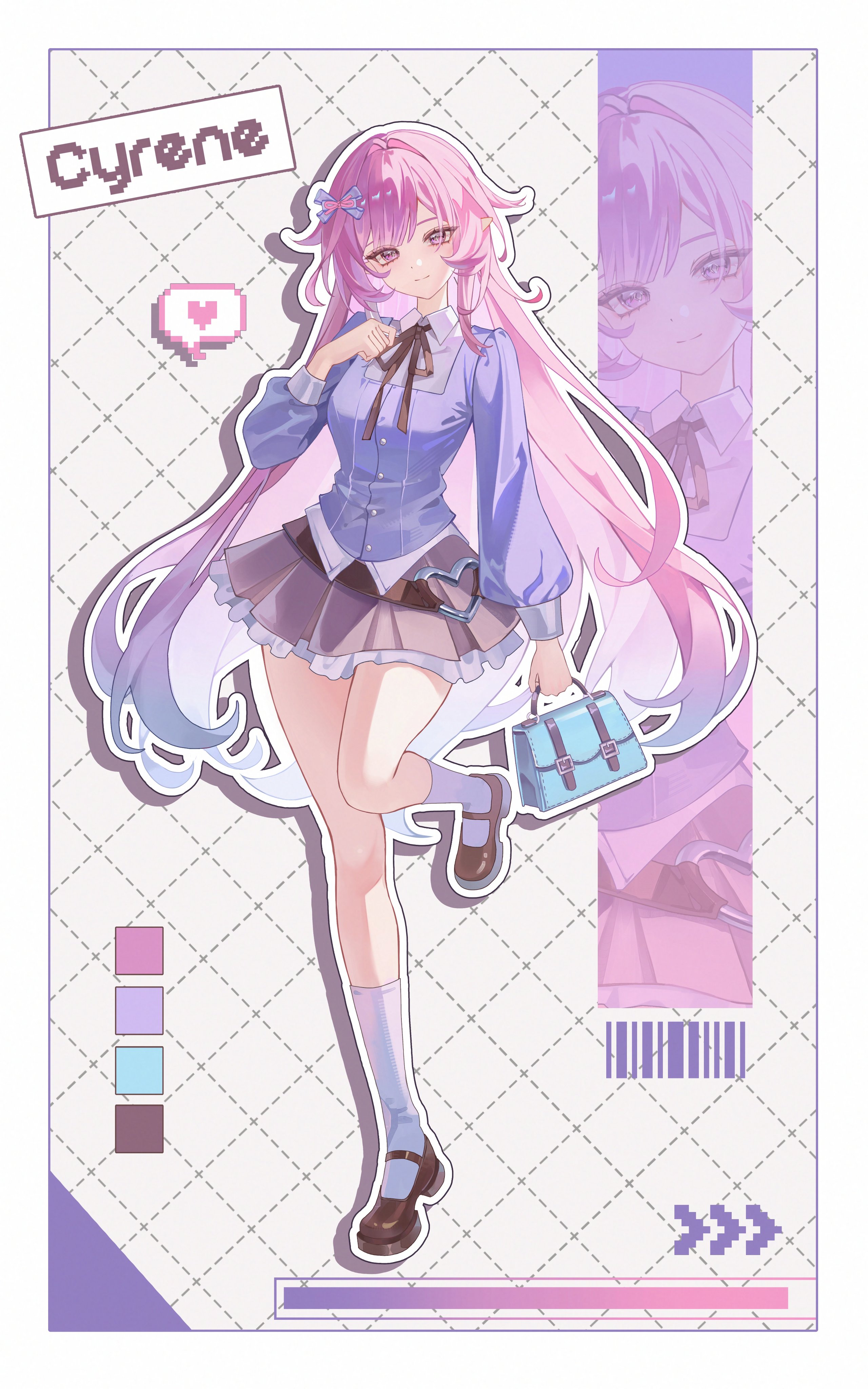 zante (0xx0xzt), cyrene (honkai: star rail), cyrene (ripples of past reverie) (honkai: star rail), honkai: star rail, honkai (series), absurdres, commentary, highres, symbol-only commentary, 1girl, alternate costume, bag, blue shirt, bow, brown shoes, casual, character name, closed mouth, full body, hair bow, handbag, holding, holding bag, kneehighs, long hair, long sleeves, looking at viewer, pink hair, pointy ears, shirt, shoes, skirt, smile, socks, solo, standing, standing on one leg, very long hair, white socks