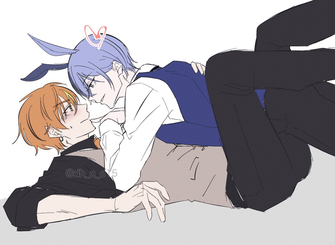 aoyagi touya, shinonome akito, project sekai, commentary request, 2boys, animal ears, black pants, blonde hair, blue eyes, blue hair, blush, boy on top, closed mouth, eye contact, hand on another's back, heart, long sleeves, looking at another, male focus, mk (dh o o15), multicolored hair, multiple boys, orange hair, pants, parted lips, rabbit ears, short hair, simple background, smile, twitter username, two-tone background, two-tone hair