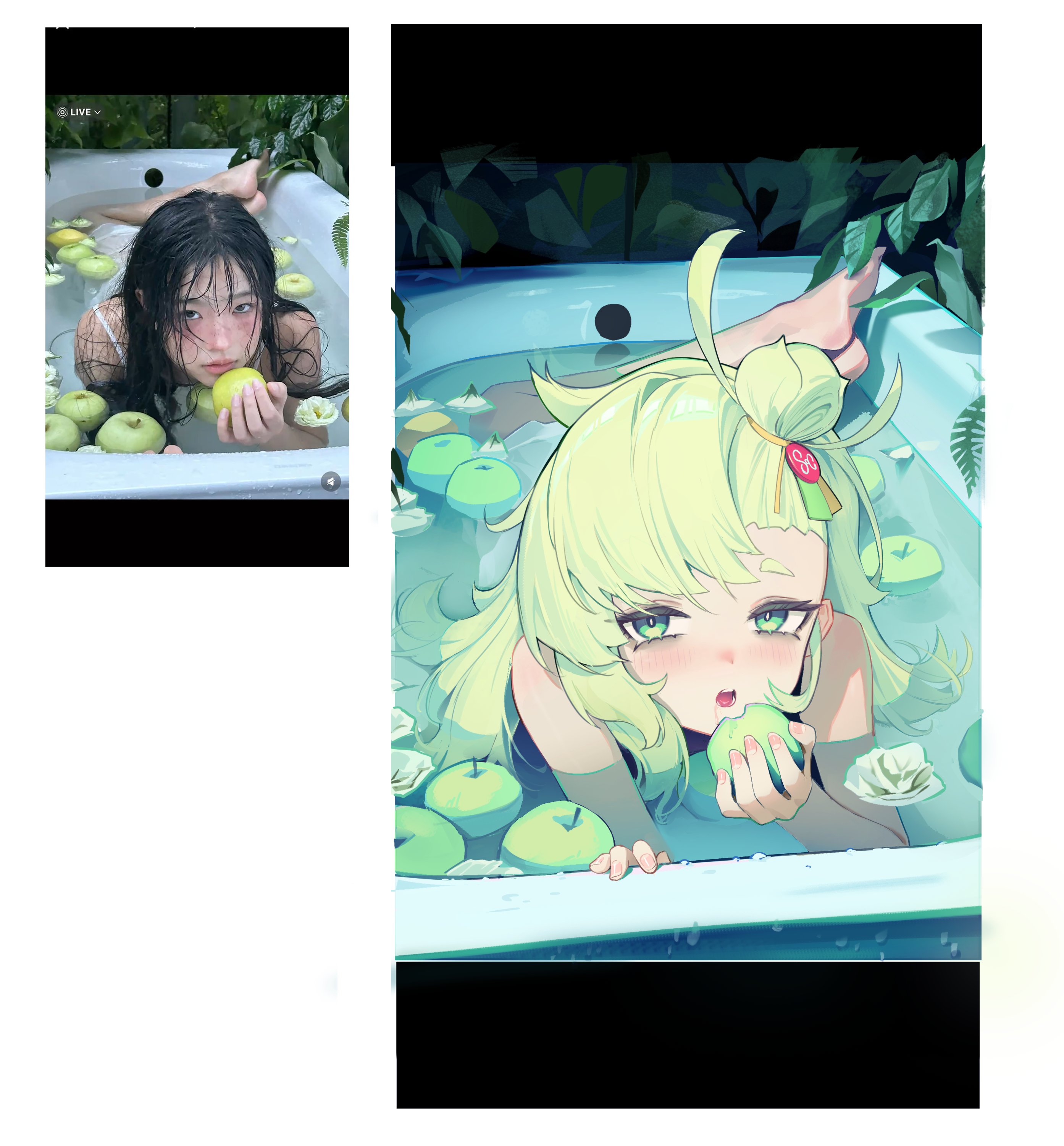 ohoo 7am, piper wheel, zenless zone zero, absurdres, commentary, highres, 1girl, alternate costume, apple, bare shoulders, barefoot, bathing, bathtub, blonde hair, blush, bright pupils, eating, flower, food, fruit, green eyes, half-closed eyes, holding, holding food, holding fruit, in water, leaf, letterboxed, looking at viewer, open mouth, reference inset, saliva, short eyebrows, simple background, solo, thick eyebrows, wet, white background, white flower, white pupils