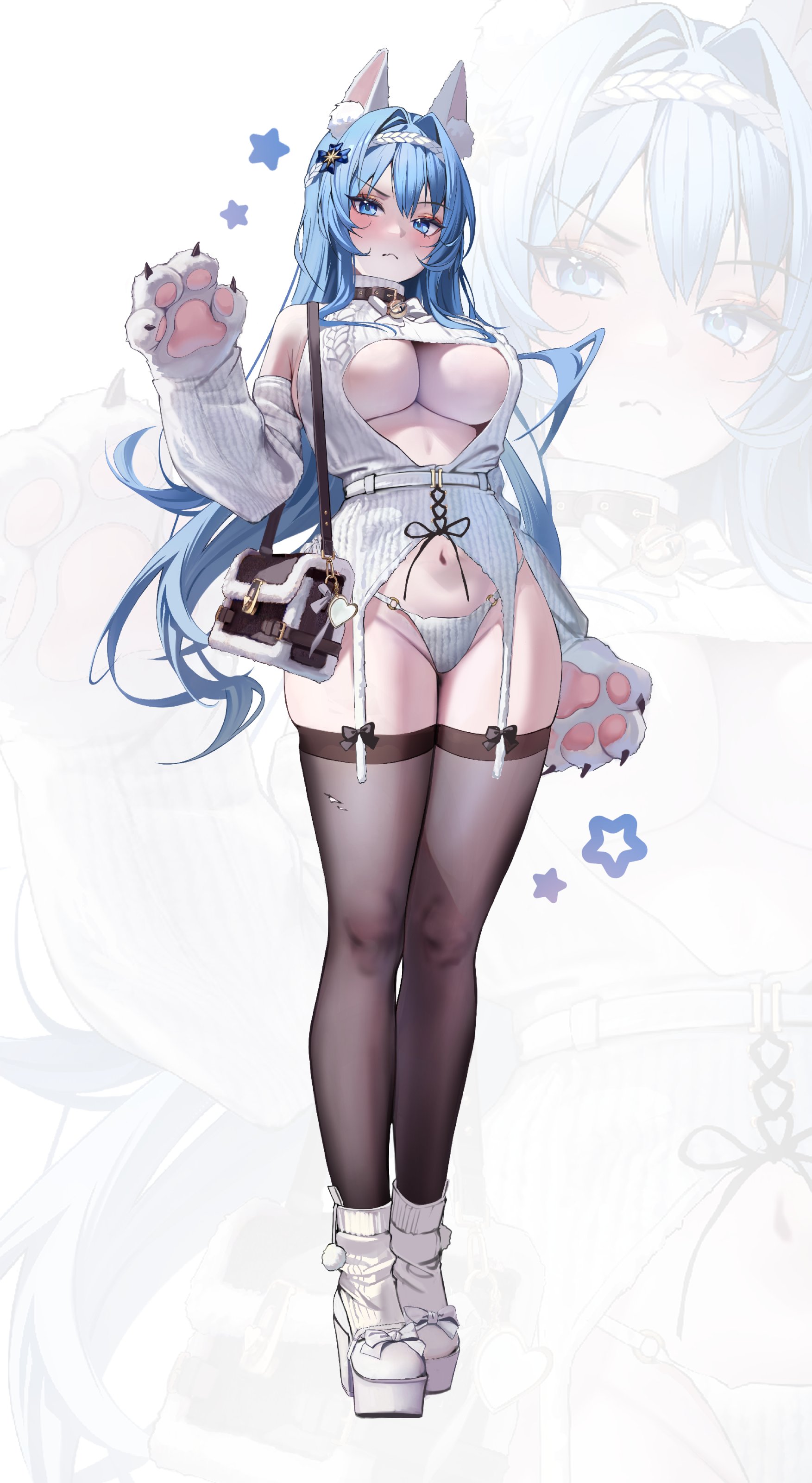 uyuri (89976220), helm (nikke), goddess of victory: nikke, absurdres, commentary, english commentary, highres, 1girl, animal ears, animal hands, bag, black thighhighs, blue eyes, blue hair, breasts, cat ears, dress, elbow gloves, fake animal ears, gloves, hair intakes, large breasts, long hair, looking at viewer, navel, panties, paw gloves, platform shoes, shoes, shoulder bag, simple background, solo, sweater, sweater dress, thighhighs, thighs, underbust, underwear, very long hair, white dress, white panties, white shoes, zoom layer