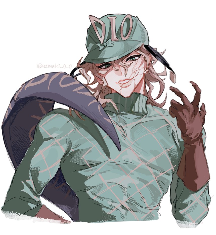 uzuki uzu, diego brando, scary monsters (stand), jojo no kimyou na bouken, steel ball run, commentary request, 1boy, aqua eyes, aqua helmet, aqua sweater, argyle clothes, argyle sweater, blonde hair, blue tail, brown gloves, clawed gauntlets, cracked skin, dinosaur tail, gloves, hand up, helmet, long sleeves, looking at viewer, male focus, medium hair, simple background, slit pupils, smile, solo, stand (jojo), sweater, tail, turtleneck, turtleneck sweater, twitter username, upper body, white background