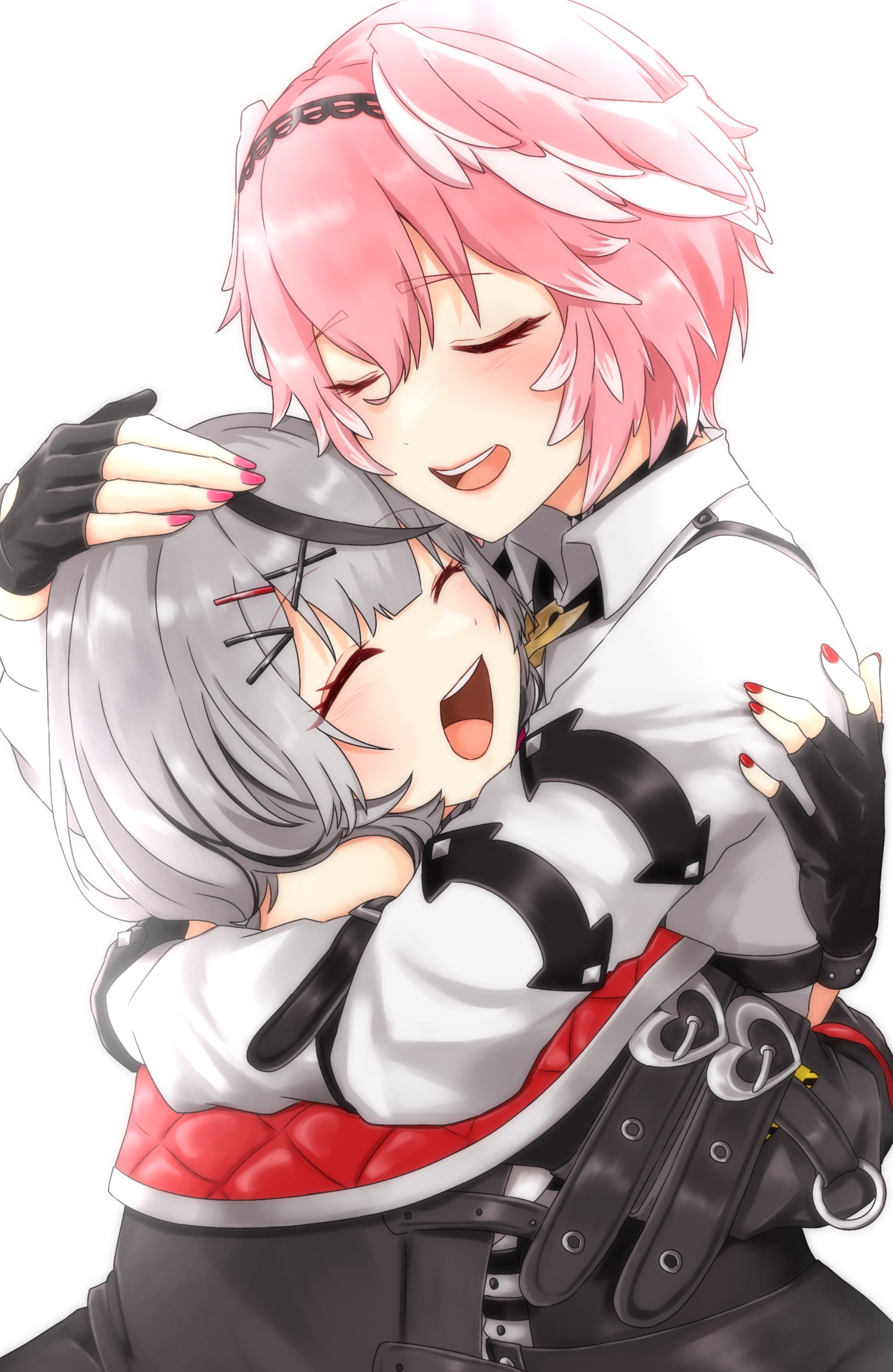 ringo 21 a, sakamata chloe, sakamata chloe (1st costume), takane lui, takane lui (1st costume), hololive, absurdres, commentary request, highres, 2girls, black gloves, closed eyes, fingerless gloves, fingernails, gloves, grey hair, hair between eyes, hair ornament, head wings, hug, long sleeves, multiple girls, nail polish, open mouth, pink hair, pink nails, red nails, shirt, short hair, simple background, smile, virtual youtuber, white background, white shirt, wings, x hair ornament