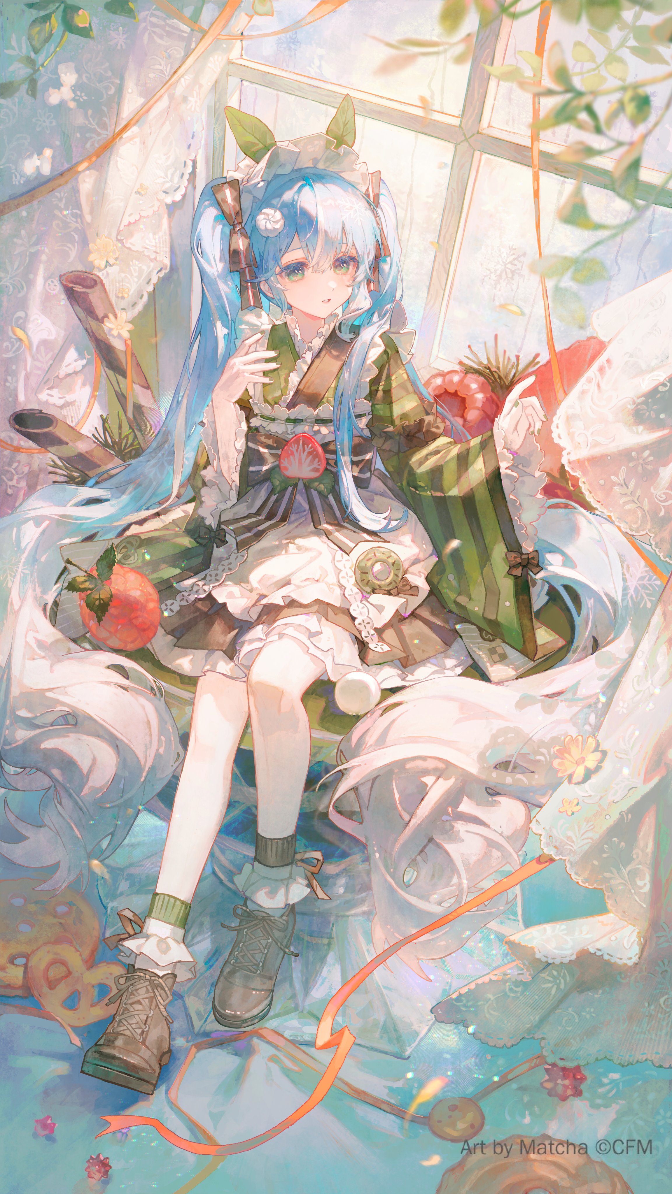 maccha (mochancc), hatsune miku, yuki miku, vocaloid, absurdres, commentary, highres, official art, 1girl, apron, black skirt, blue eyes, blue hair, copyright notice, cracker, curtains, dessert, donut, flower, food, fruit, full body, glass, gradient hair, green kimono, green nails, green socks, hair ornament, hair ribbon, japanese clothes, kimono, lace curtains, leaf hair ornament, long hair, maid, maid headdress, mini person, minigirl, multicolored hair, orange ribbon, parted lips, plant, pretzel, raspberry, ribbon, shoes, sitting, skirt, sneakers, snowflake print, socks, solo, strawberry, strawberry slice, striped clothes, striped kimono, twintails, very long hair, wa maid, wafer stick, white socks, window