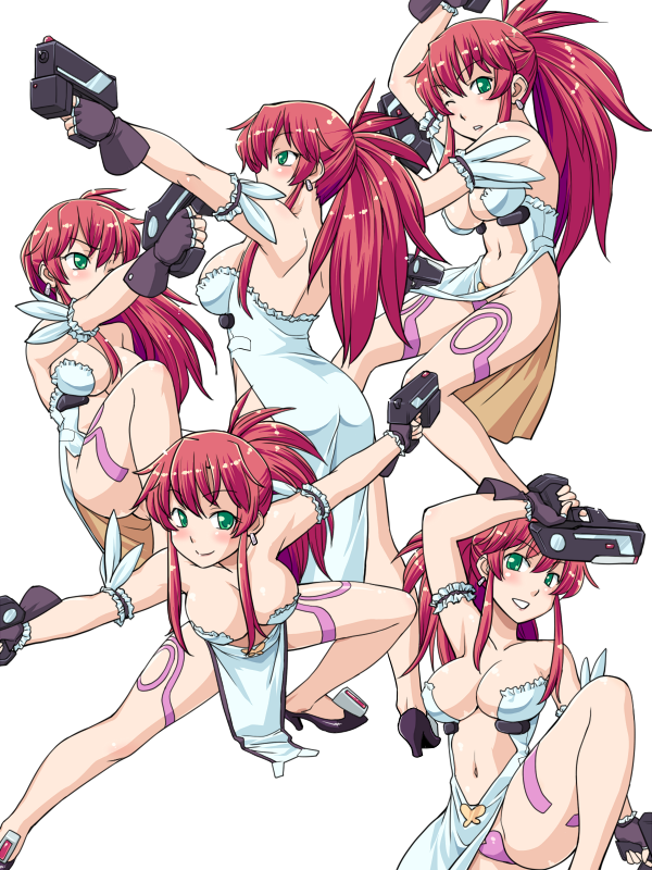 hinemosu notari, himeki luna, haou airen, vanguard princess, bad id, bad pixiv id, 1girl, bare shoulders, blush, breasts, cleavage, dual wielding, earrings, female focus, fingerless gloves, gloves, green eyes, gun, hands on own hips, heart, heart maebari, holding, jewelry, large breasts, legs, long hair, looking at viewer, maebari, no bra, one eye closed, parody, pelvic curtain, ponytail, red hair, reference sheet, revealing clothes, simple background, smile, solo, weapon, white background, wink