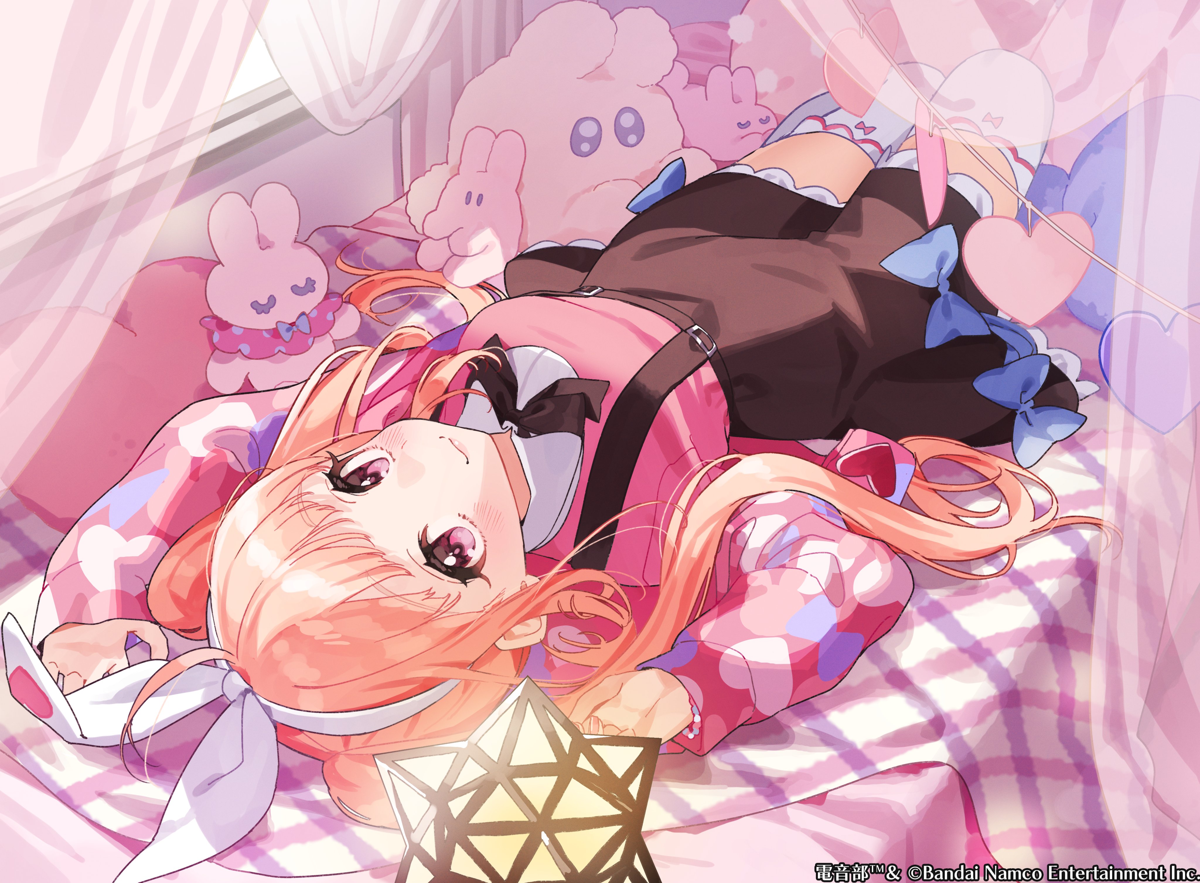 booota, sakurano mimito, denonbu, absurdres, commentary, highres, symbol-only commentary, 1girl, arms up, bed, bedroom, black skirt, blue bow, blush, bow, bow hairband, breasts, copyright name, frilled thighhighs, frills, hairband, heart, heart-shaped pillow, indoors, long hair, looking at viewer, lying, medium breasts, medium skirt, neck ribbon, on back, on bed, orange hair, patterned clothing, pillow, pink eyes, pink shirt, ribbon, shirt, skirt, smile, solo, stuffed animal, stuffed toy, suspender skirt, suspenders, thighhighs, twintails, white bow, white hairband, white thighhighs, zettai ryouiki