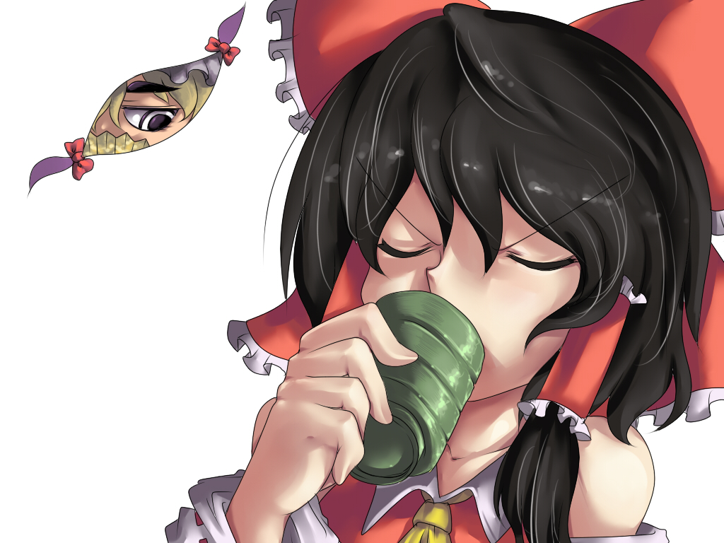 harusame (unmei no ikasumi), hakurei reimu, yakumo yukari, touhou, 2girls, annoyed, black hair, blonde hair, bow, detached sleeves, drinking, female focus, gap (touhou), hair bow, hand fan, hat, japanese clothes, miko, multiple girls, peeking, purple eyes, short hair, simple background, upper body, white background