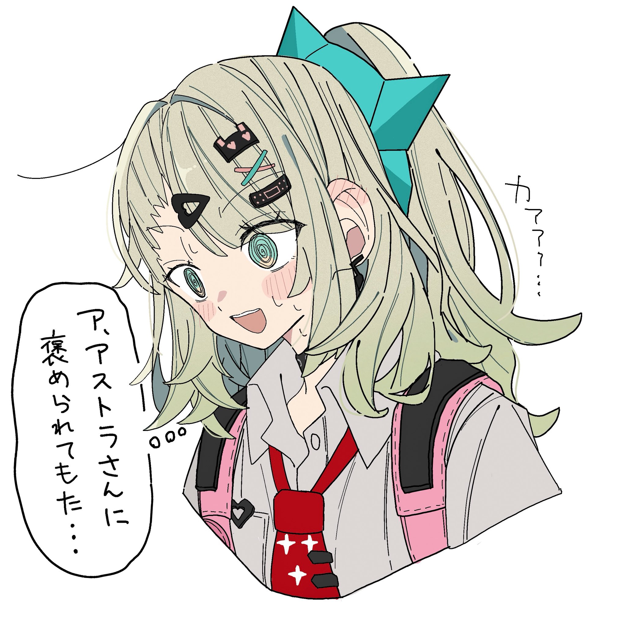 niupum, chinatsu remiel, zenless zone zero, commentary request, highres, translation request, 1girl, @ @, bandaid, bandaid hair ornament, blush, collar, cropped torso, ear blush, earrings, green eyes, green hair, hair ornament, jewelry, long hair, multiple hair clips, musical note earrings, necktie, open mouth, pink bag, ponytail, print necktie, raised eyebrows, red necktie, ring hair ornament, shirt, simple background, solo, speech bubble, sweat, thought bubble, white background, white shirt