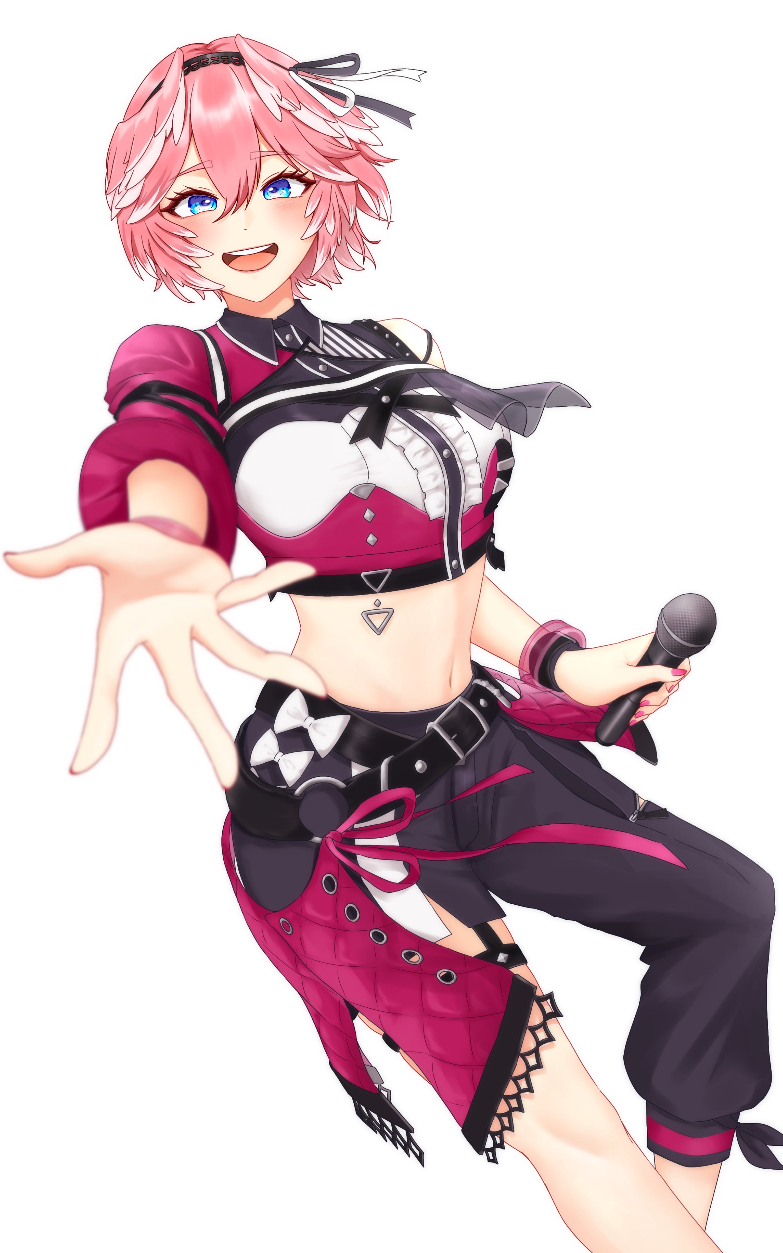 ringo 21 a, takane lui, hololive, absurdres, commentary, highres, symbol-only commentary, 1girl, alternate costume, black pants, blue eyes, blush, cowboy shot, cropped shirt, double-parted bangs, hair between eyes, head wings, holding, holding microphone, looking at viewer, microphone, navel, open mouth, pants, pink hair, pink shirt, shirt, short hair, simple background, smile, solo, stomach, virtual youtuber, white background, wings