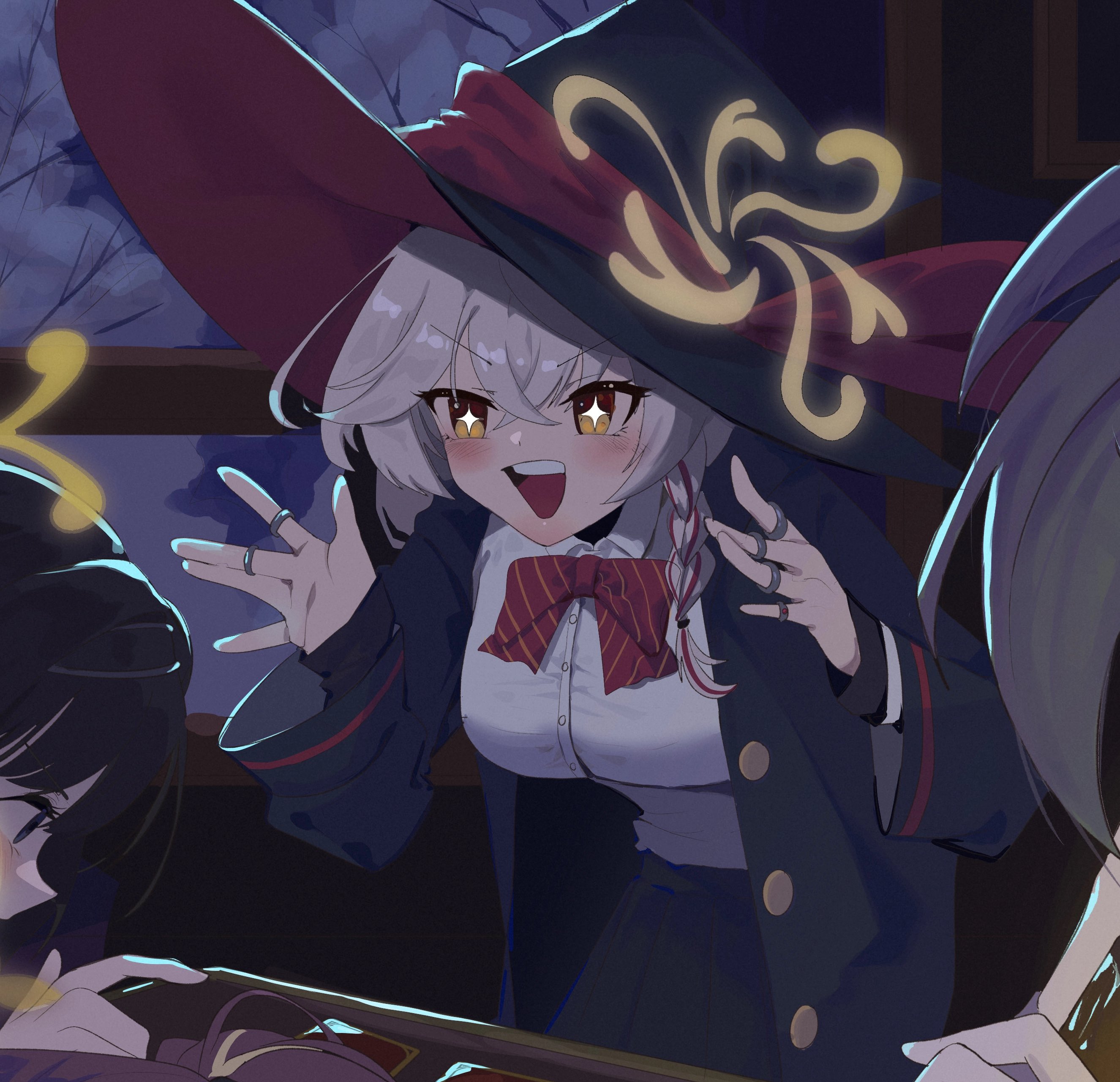 kongaru 123, eri (blue archive), kanoe (blue archive), rena (blue archive), tsumugi (blue archive), blue archive, absurdres, highres, variant set, + +, 4girls, :d, ||/, arms up, black dress, black hair, black hat, black robe, black skirt, blonde hair, blush, bow, bowtie, braid, breasts, brown hair, button gap, card, close-up, collared shirt, cowboy shot, dress, dress shirt, from side, grey hair, hair between eyes, hair bun, hair intakes, halo, hat, hat ribbon, jewelry, large breasts, layered sleeves, long hair, long sleeves, looking at another, multicolored hair, multiple girls, multiple rings, open clothes, open mouth, orange eyes, out of frame, picking up, pleated skirt, red hat, ribbon, ring, robe, school uniform, shirt, shirt tucked in, side halo, skirt, sleeves past wrists, smile, table, tarot, tarot card, teeth, two-tone hair, two-tone hat, undershirt, upper teeth only, very long hair, white dress, white hair, white shirt, window, witch, witch hat