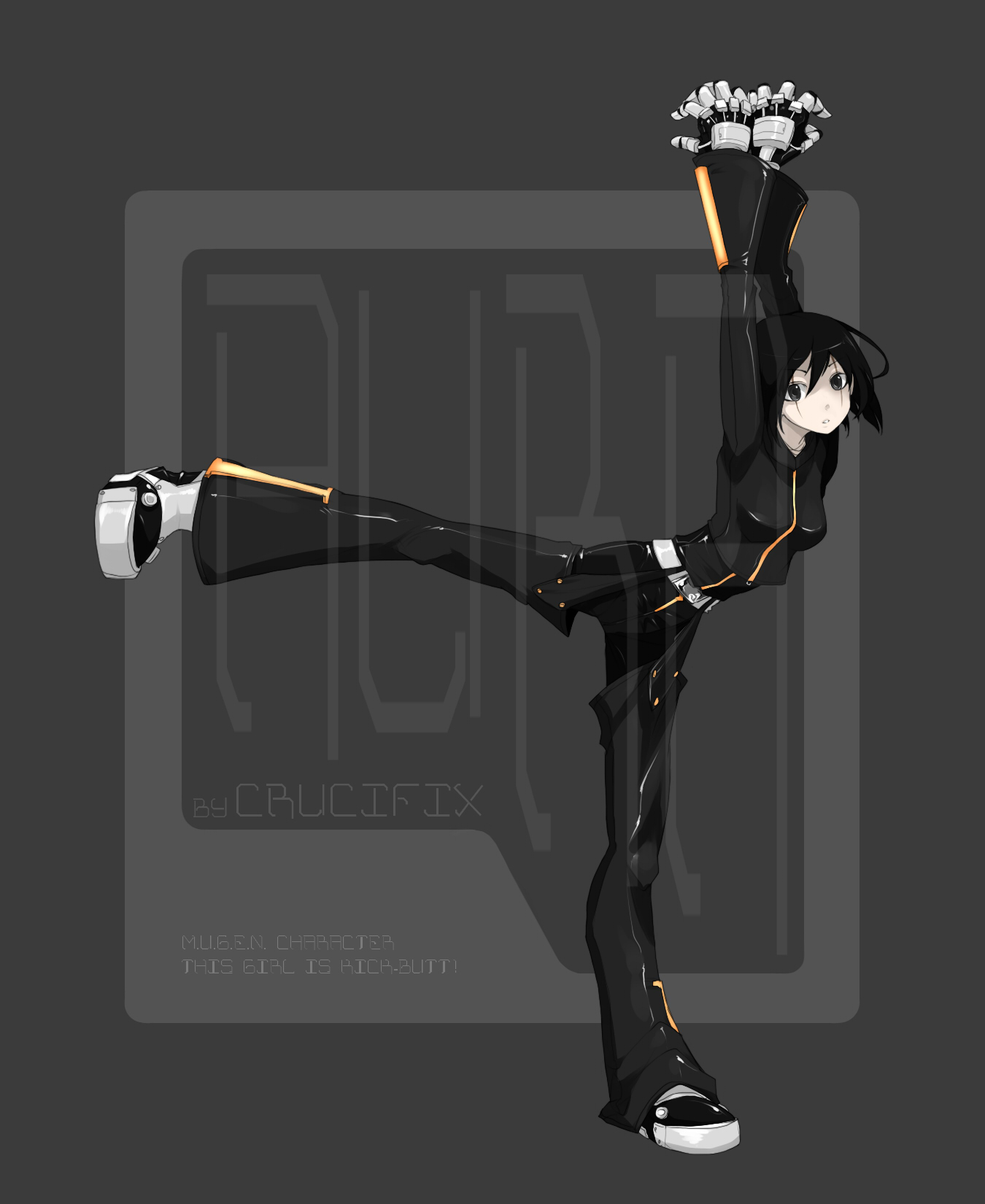 oso (toolate), aura (mugen), m.u.g.e.n, highres, 1girl, black eyes, black hair, breasts, female focus, full body, monochrome, pale skin, pants, short hair, solo, spot color