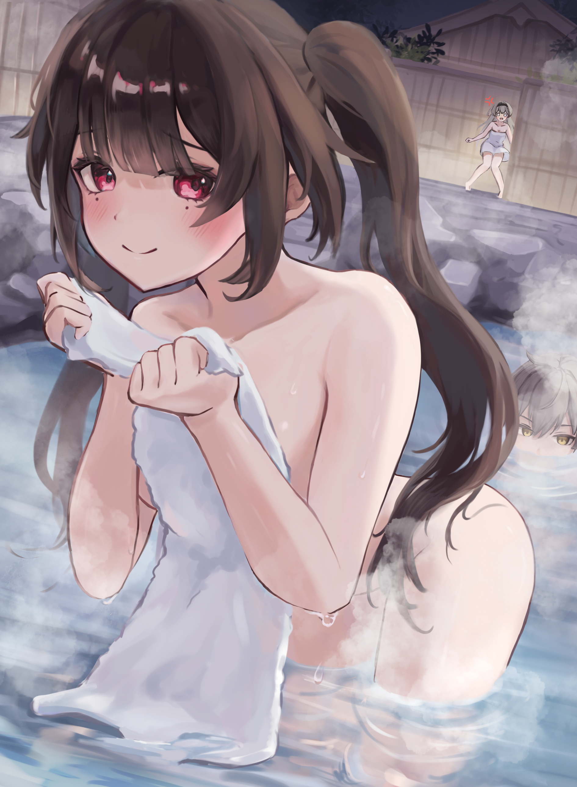 caelus (honkai: star rail), firefly (honkai: star rail), sparkle (honkai: star rail), trailblazer (honkai: star rail), honkai: star rail, honkai (series), absurdres, commentary request, highres, 1boy, 2girls, anger vein, blush, brown hair, completely nude, cowboy shot, grey hair, hair between eyes, holding, holding towel, ituo, long hair, looking at viewer, multiple girls, naked towel, nude, onsen, outdoors, partially submerged, purple eyes, smile, thighs, towel, twintails, very long hair, yellow eyes