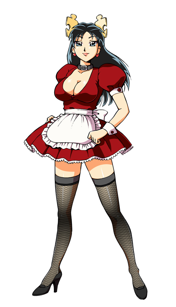 dave yerushalaim, inci-tan, inciclope-tan, wikipe-tan, wikipedia, bad fandom id, bad id, apron, blue eyes, blue hair, breasts, choker, cleavage, collar, curvy, earrings, fishnets, hair ornament, high heels, huge breasts, inciclo-tan, incitan, jewelry, large breasts, long hair, maid, ribbon, shoes, simple background, skirt, socks, solo, standing, thighhighs, wiki, zettai ryouiki