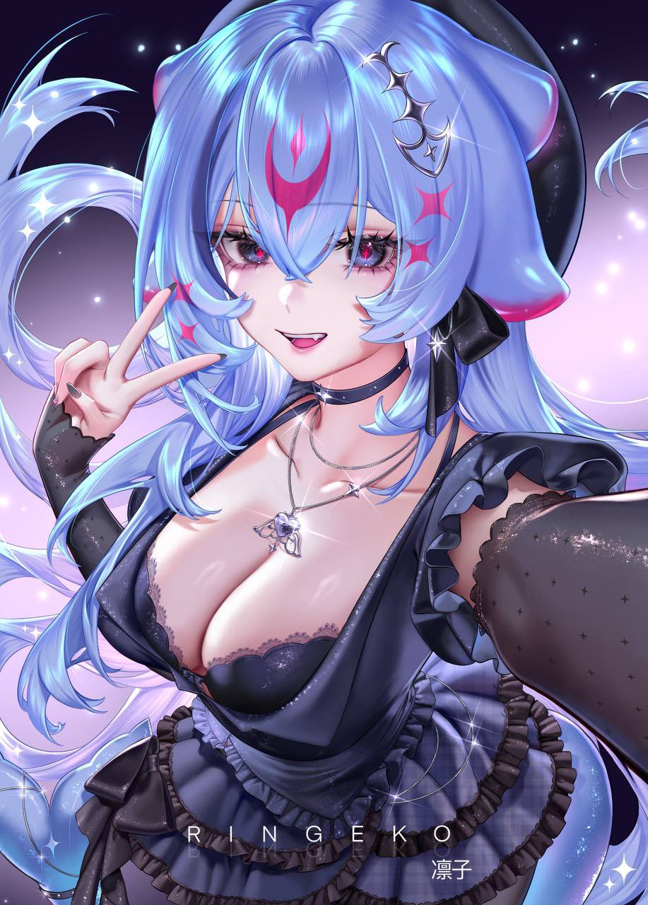 ringeko-chan, bao the whale, indie virtual youtuber, commentary, english commentary, highres, 1girl, artist name, black bow, black dress, black hat, black nails, bow, breasts, cleavage, collarbone, dress, earrings, fingernails, hair between eyes, hair bow, hair ornament, hand up, hat, jewelry, large breasts, long fingernails, looking at viewer, nail polish, necklace, purple eyes, red pupils, solo, v