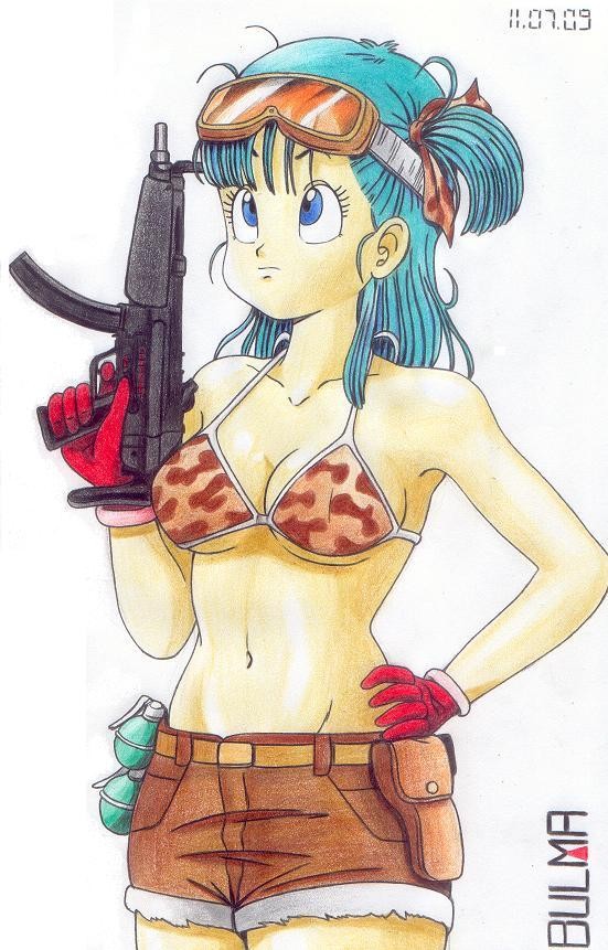 worson2009, bulma, dragon ball, artist request, bikini, bikini top only, breasts, explosive, gloves, goggles, grenade, gun, shorts, side ponytail, swimsuit, underboob, weapon
