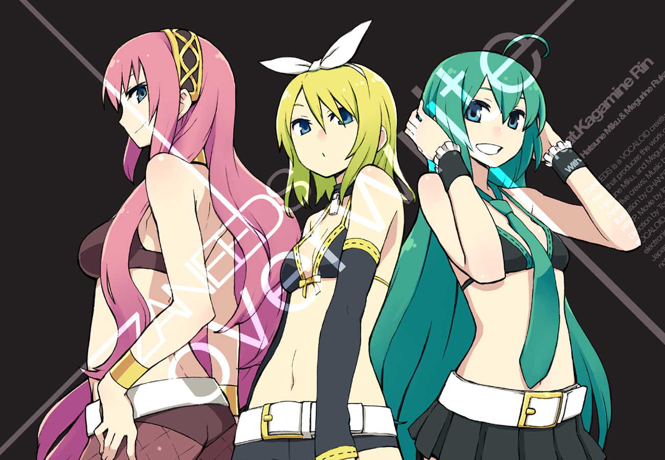chan co, hatsune miku, kagamine rin, megurine luka, overwrite (vocaloid), vocaloid, hand on head, 3girls, ahoge, aqua hair, ass, belt, bikini, bikini top only, breasts, grin, hair down, long hair, looking back, midriff, multiple girls, navel, necktie, overwrite, pink hair, smile, swimsuit, very long hair, wrist cuffs
