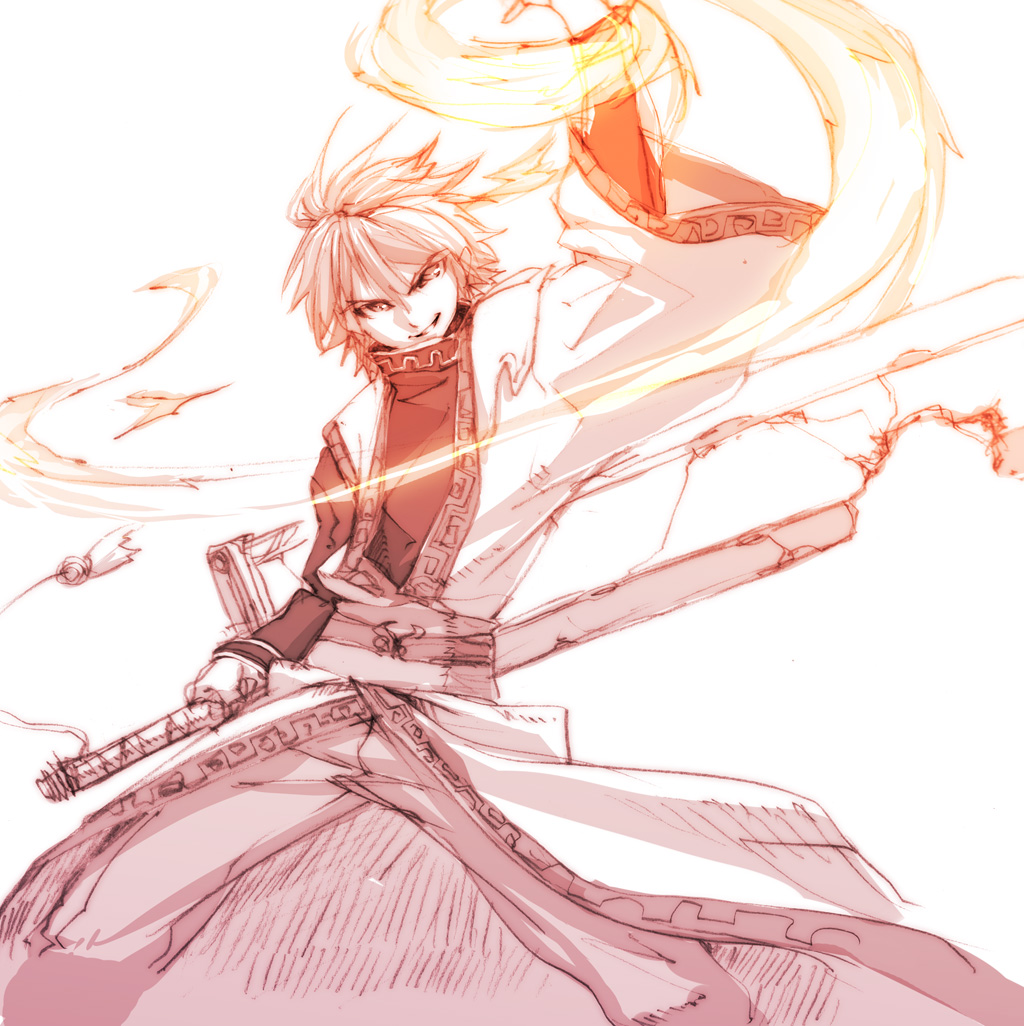 yahako, taisou (akaboshi ibun suikoden), akaboshi ibun suikoden, 1boy, chinese text, fire, huge weapon, male focus, monochrome, orange theme, pink theme, smile, solo, sword, weapon