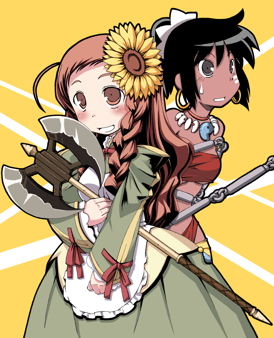 lululila, abigail, abigail (sekaiju no meikyuu), shilleka, atlus, etrian odyssey, highres, 2girls, axe, bandeau, black hair, blush, braid, brown eyes, brown hair, dark-skinned female, dark skin, double-sided axe, dress, flail, flower, grey eyes, jewelry, multiple girls, necklace, ponytail, strapless, sunflower, sweatdrop, tube top, twin braids, weapon