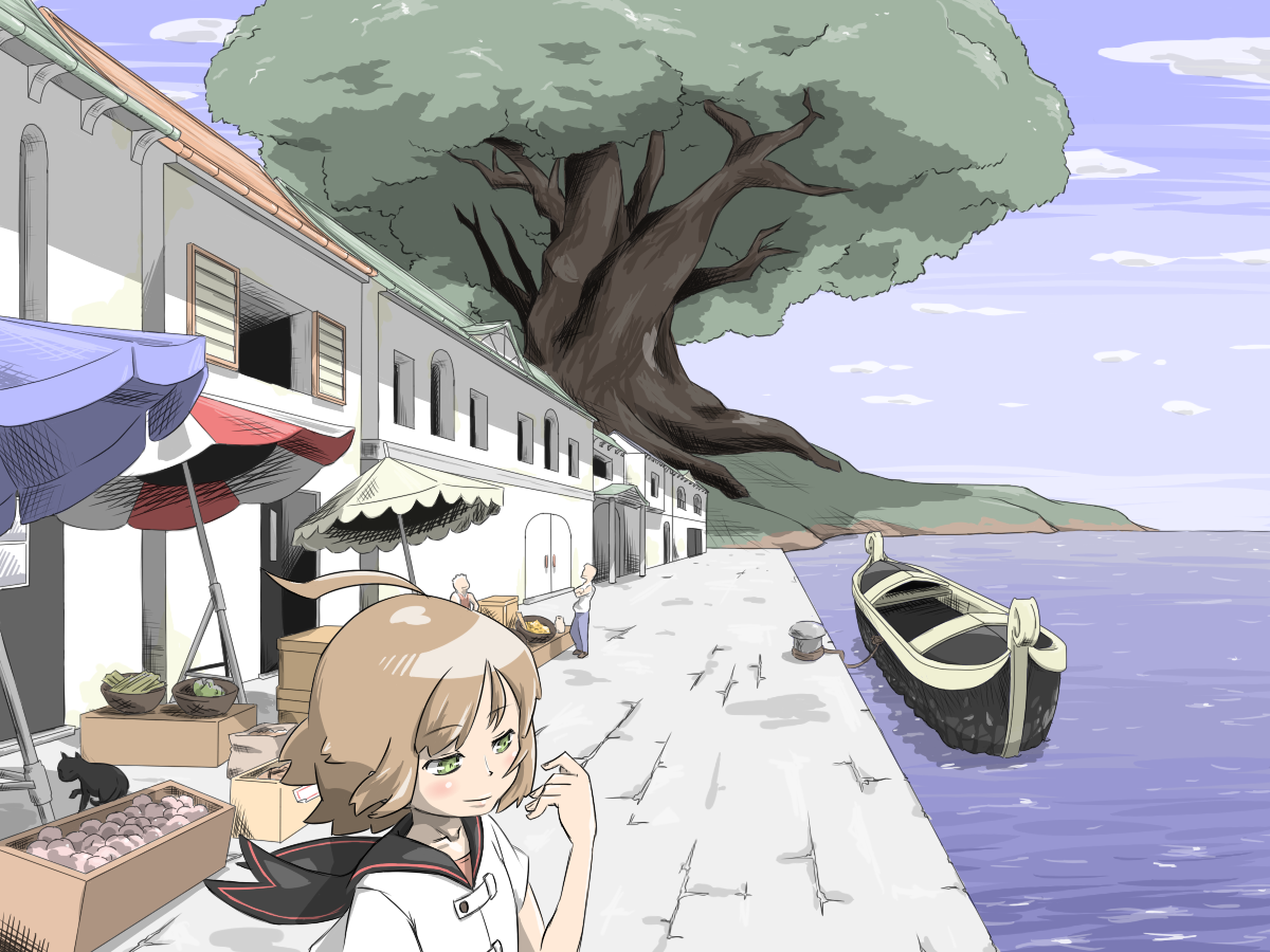 nemakichi, medic (sekaiju), medic 2 (sekaiju), atlus, etrian odyssey, brown hair, gondola, green eyes, scenery, town, tree, water