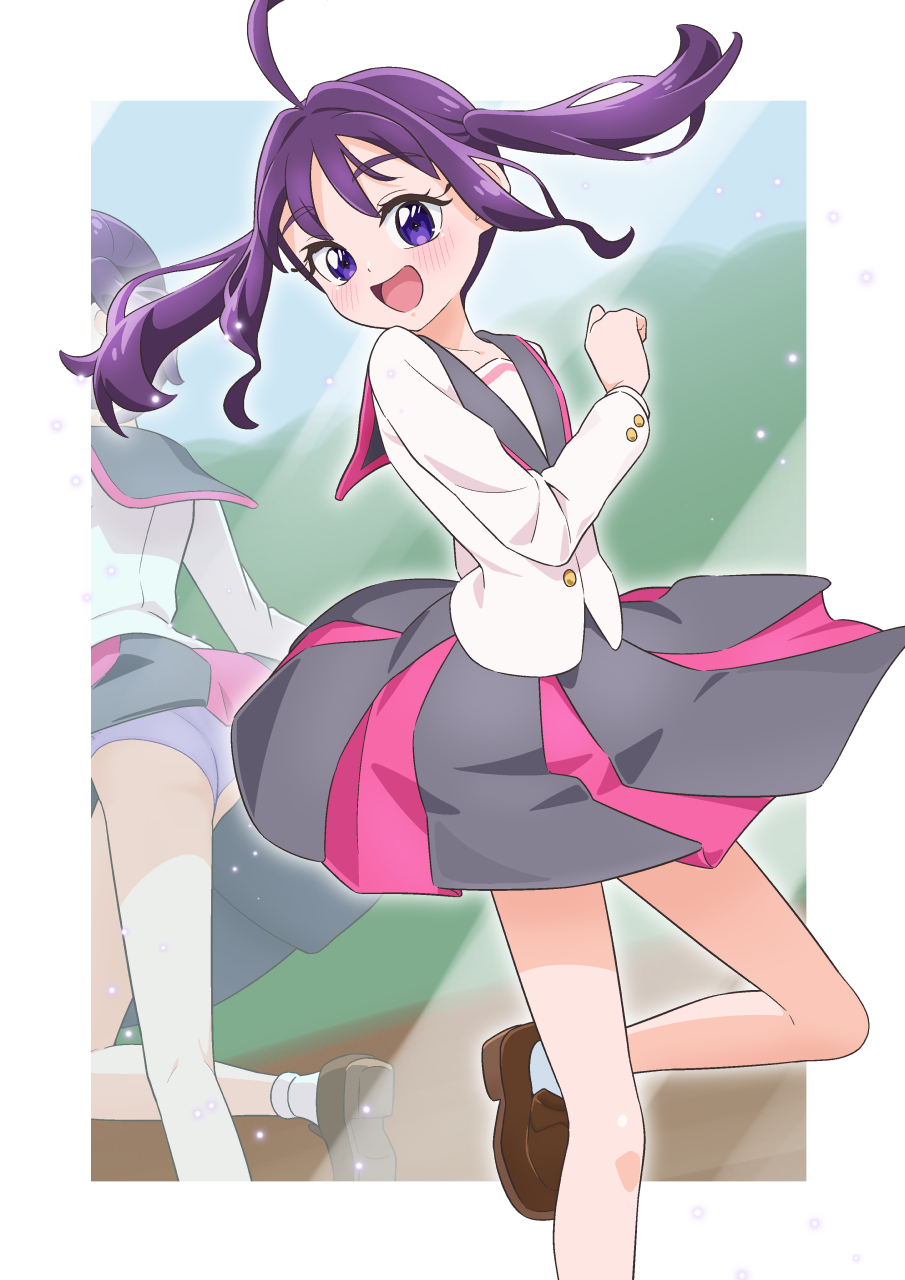 tiler (tiler00), shigure kokoro, kimi to idol precure, precure, commentary, highres, symbol-only commentary, 1girl, :d, ahoge, ass, bare legs, blush, border, brown shoes, buttons, clothes lift, collarbone, curled fingers, diamond-shaped pupils, diamond (shape), floating hair, foot out of frame, grey sailor collar, grey skirt, hair intakes, hanamichi middle school uniform, hand up, leg up, light particles, loafers, long sleeves, looking at viewer, medium hair, mirror, open mouth, outside border, panties, pantyshot, pantyshot through reflection, pleated skirt, purple eyes, purple hair, purple panties, reflection, sailor collar, school uniform, serafuku, shirt, shoes, skirt, skirt lift, smile, socks, solo, symbol-shaped pupils, twintails, underwear, white border, white shirt, white socks
