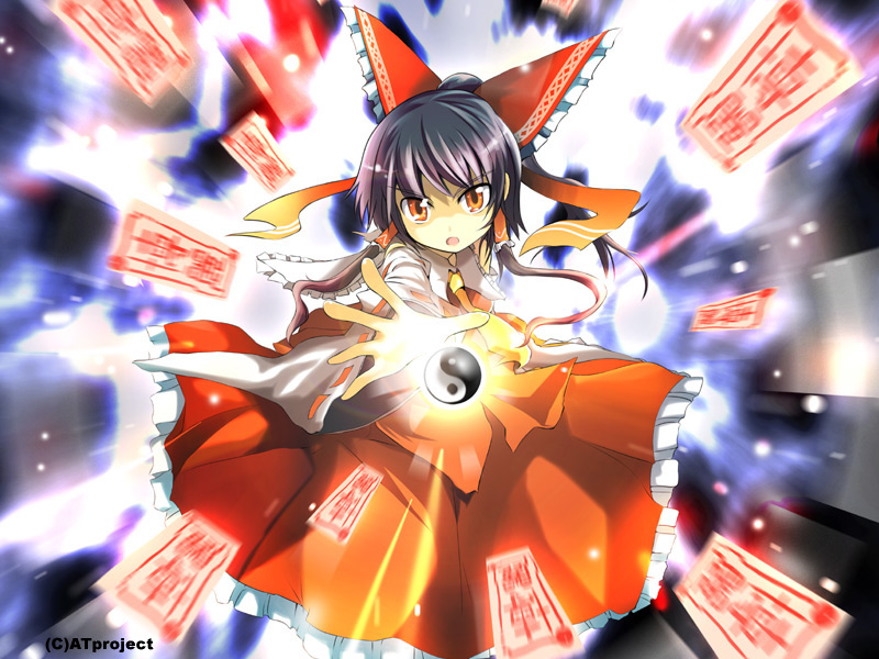maturiuta sorato, hakurei reimu, touhou, 1girl, black hair, bow, danmaku, detached sleeves, female focus, hair bow, japanese clothes, miko, ofuda, ponytail, red eyes, short hair, solo, yin yang