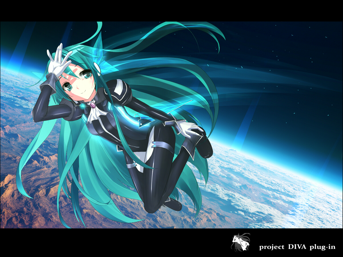 eto, hatsune miku, hatsune miku (plug-in), project diva, project diva (series), vocaloid, colorized, 1girl, bodysuit, female focus, gloves, green eyes, green hair, long hair, matching hair/eyes, plugin (vocaloid), smile, solo, thighhighs, twintails, very long hair, white gloves