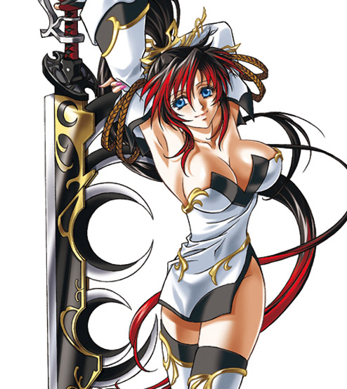 kouno sachiko, nanbu kaguya, banpresto, super robot wars, super robot wars og saga mugen no frontier, arm grab, official art, 1girl, armpits, arms up, bare shoulders, black hair, blue eyes, breasts, cleavage, crossed legs, detached sleeves, dress, female focus, fingerless gloves, fingernails, gloves, hair ornament, head tilt, huge weapon, large breasts, legs, long fingernails, long hair, long legs, looking at viewer, multicolored hair, nail polish, no bra, no panties, ponytail, red hair, rope, short dress, side slit, sideboob, sidelocks, simple background, sitting, smile, solo, standing, strapless, strapless dress, sword, thighhighs, thighs, two-tone hair, very long hair, weapon, white thighhighs, wide sleeves, zettai ryouiki