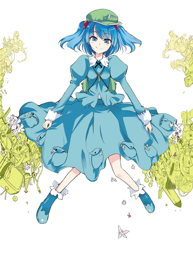 haruno tomoya, mr.yacchatta, kawashiro nitori, touhou, 1girl, backpack, bag, blue eyes, blue hair, boots, female focus, flower, hair bobbles, hair ornament, hat, key, matching hair/eyes, pocket, randoseru, rubber boots, short hair, skirt hold, smile, smirk, solo, television, tools, twintails, two side up, wrench